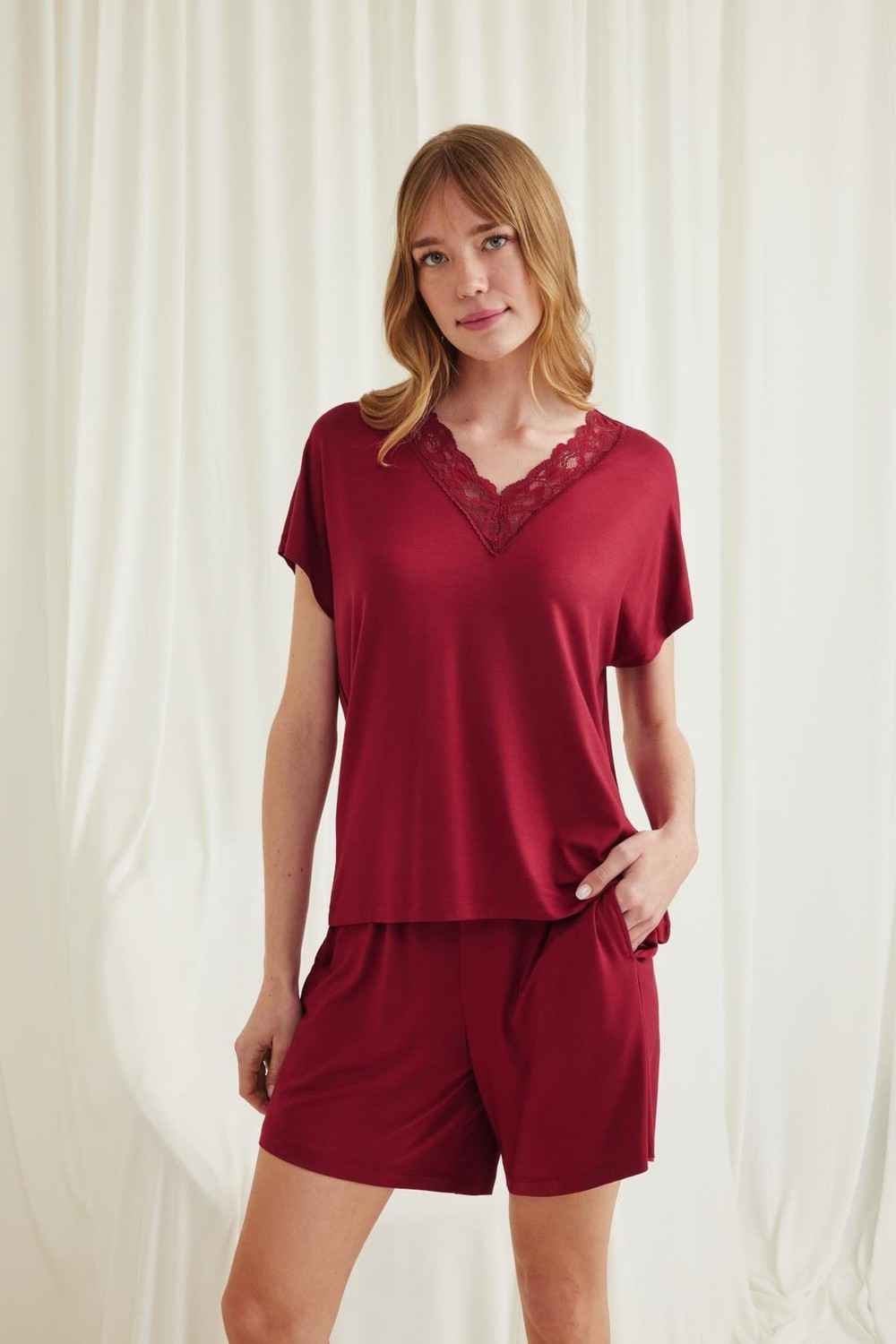 Findit Kısa Kollu Dantelli V Yaka Şort Pijama Takımı görsel 4