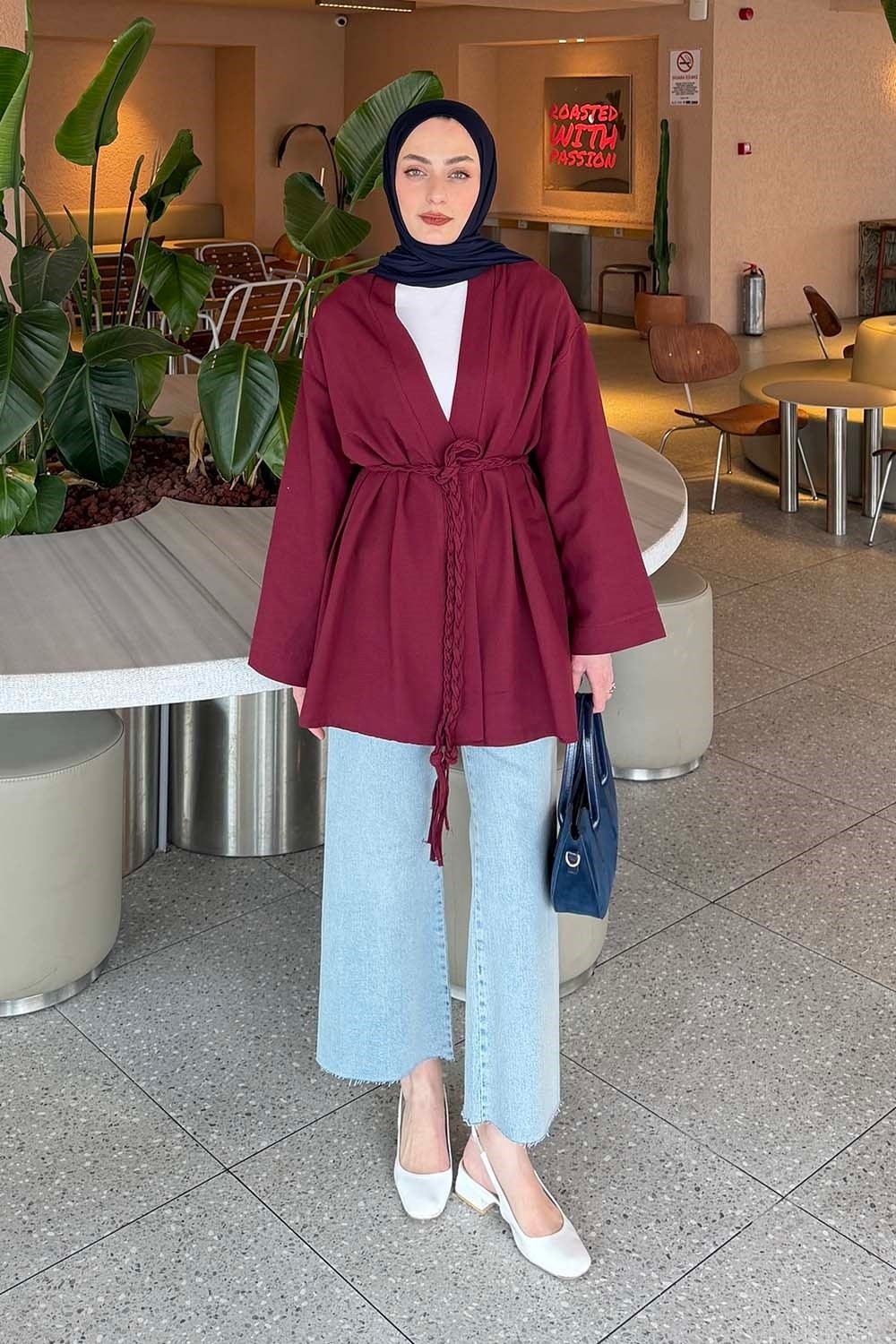 Lamelif Örgü Bağlamalı Kimono Ceket Vizonrengi