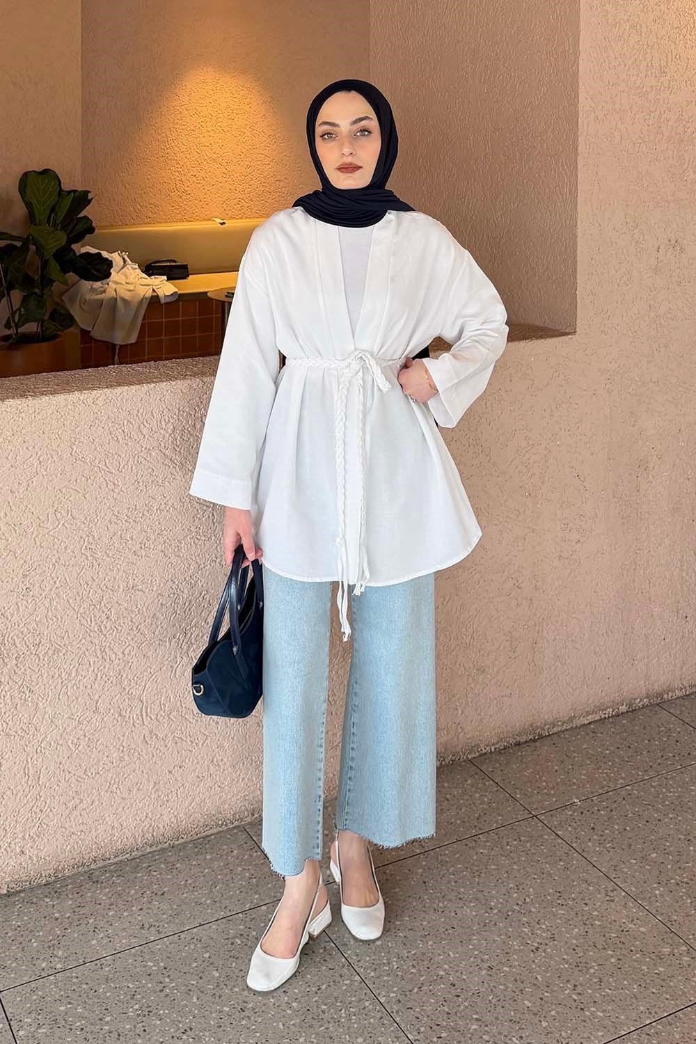 Lamelif Örgü Bağlamalı Kimono Ceket Vizonrengi
