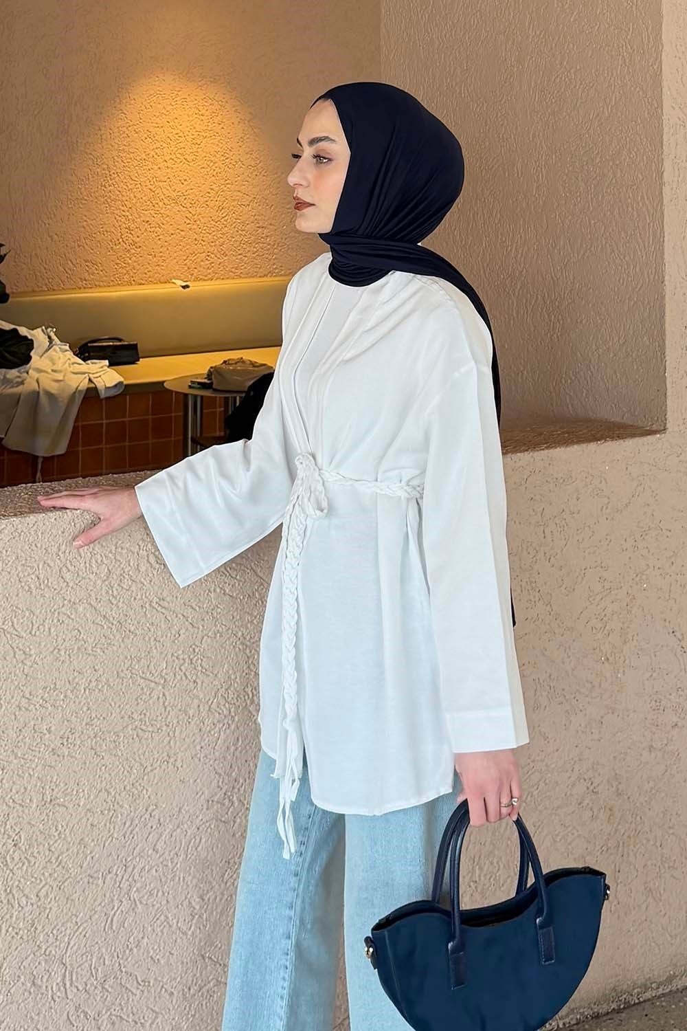 Lamelif Örgü Bağlamalı Kimono Ceket Vizonrengi görsel 6