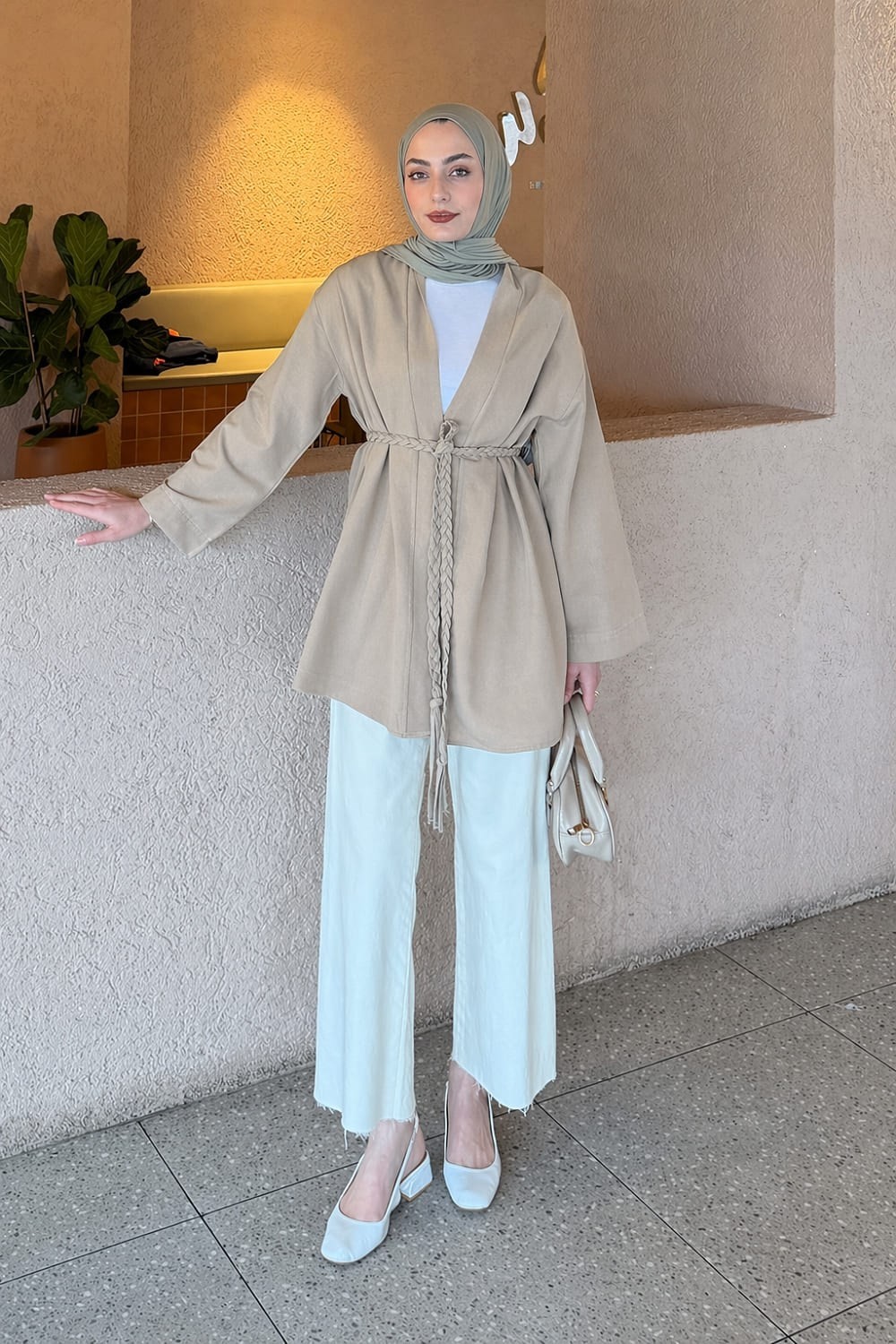 Lamelif Örgü Bağlamalı Kimono Ceket Vizonrengi