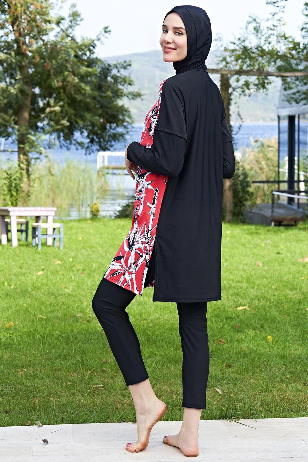 Ruko Maio 2411-2 Oversize Desenli Likralı Su Itici ve Çabuk Kuruyan Kumaş Tesettür Mayo görsel 2
