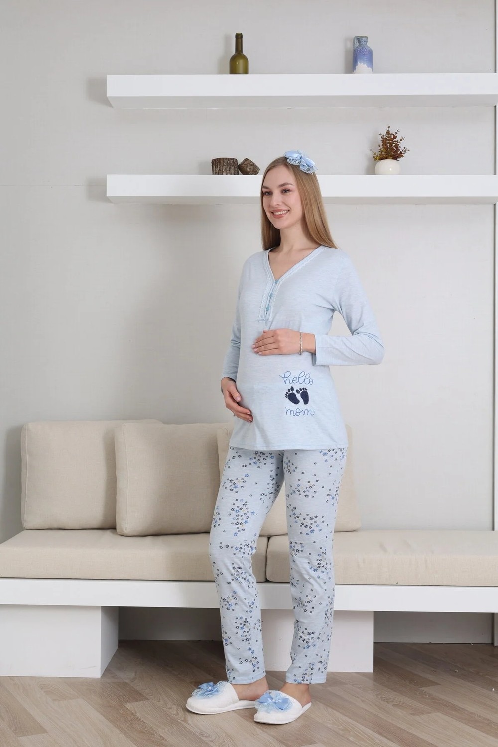 raia Kadın Mavi Özel Tasarım Desenli Uzun Kol Pamuk Hamile Lohusa Pijama Takımı görsel 3
