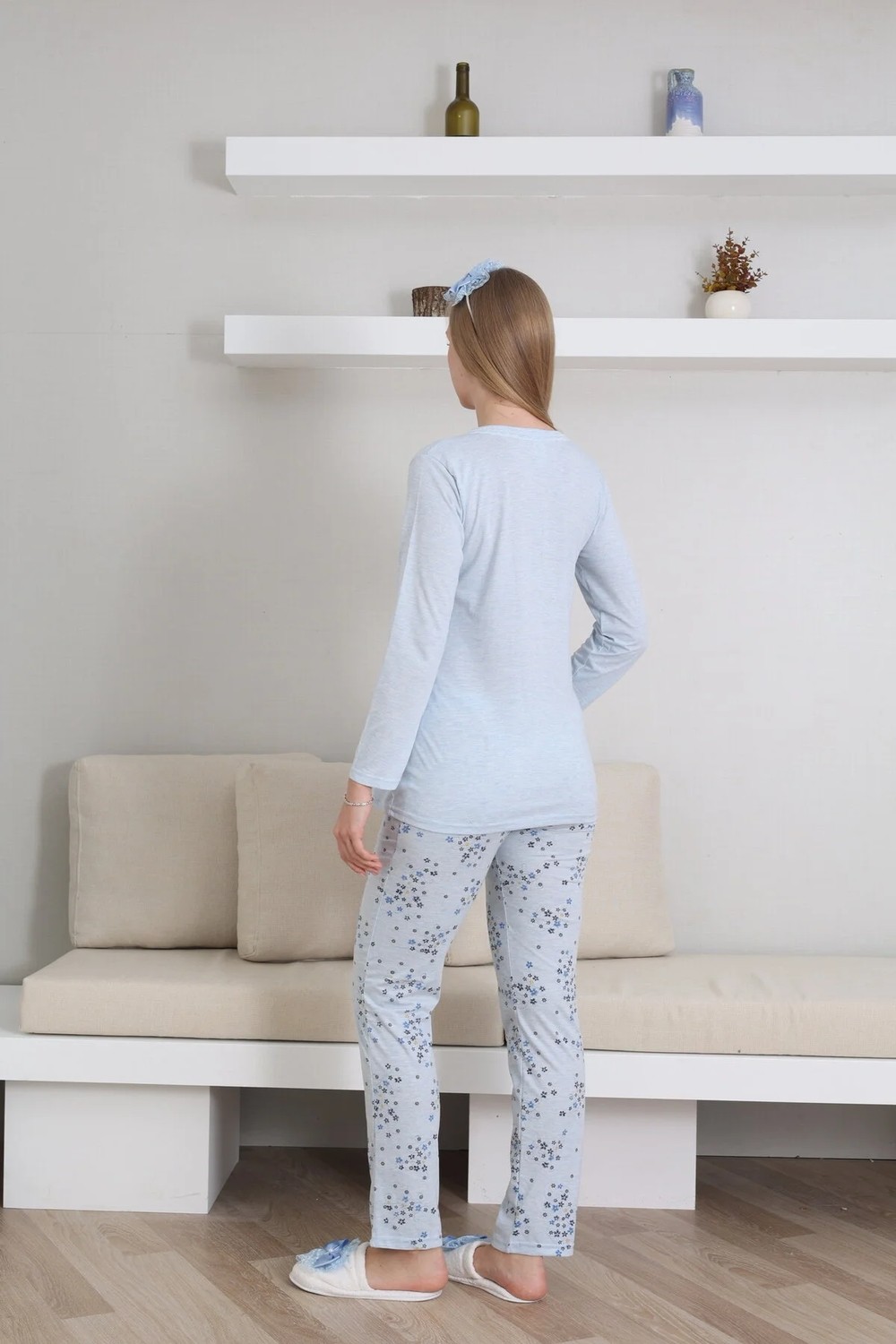 raia Kadın Mavi Özel Tasarım Desenli Uzun Kol Pamuk Hamile Lohusa Pijama Takımı görsel 7