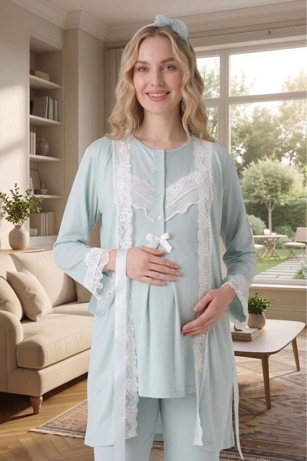 raia Yeni Sezon Nar Çiçeği Dantel Detaylı Yazlık Tasarım Düğmeli Hamile Lohusa Sabahlık Pijama Takım Seti