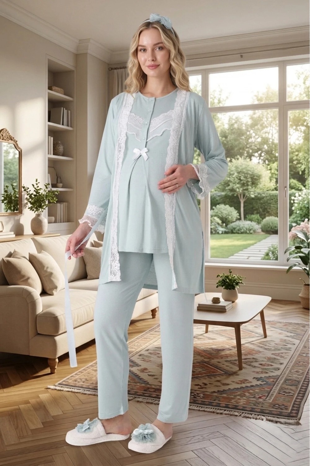 raia Yeni Sezon Nar Çiçeği Dantel Detaylı Yazlık Tasarım Düğmeli Hamile Lohusa Sabahlık Pijama Takım Seti görsel 2