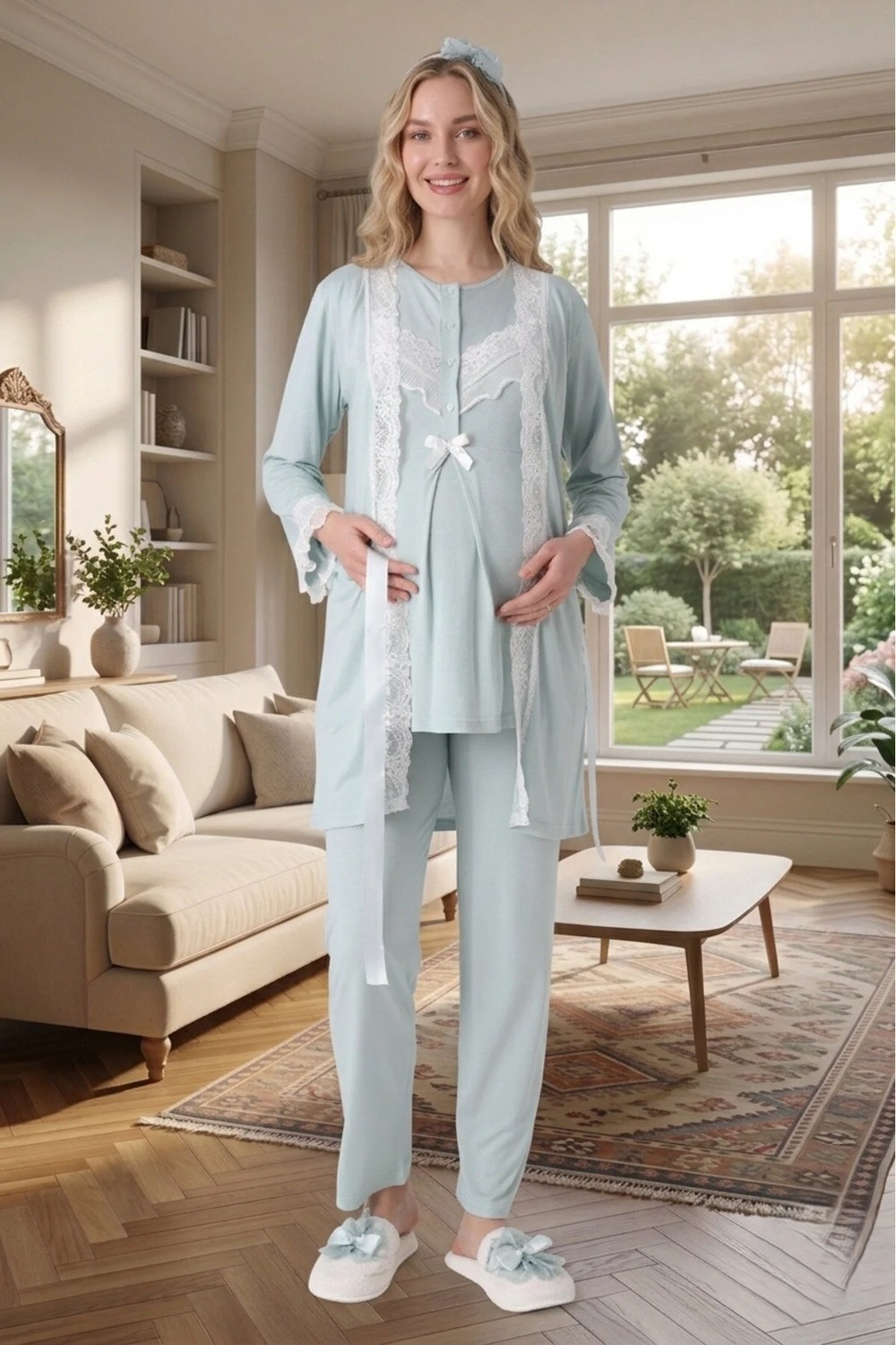 raia Yeni Sezon Nar Çiçeği Dantel Detaylı Yazlık Tasarım Düğmeli Hamile Lohusa Sabahlık Pijama Takım Seti görsel 3