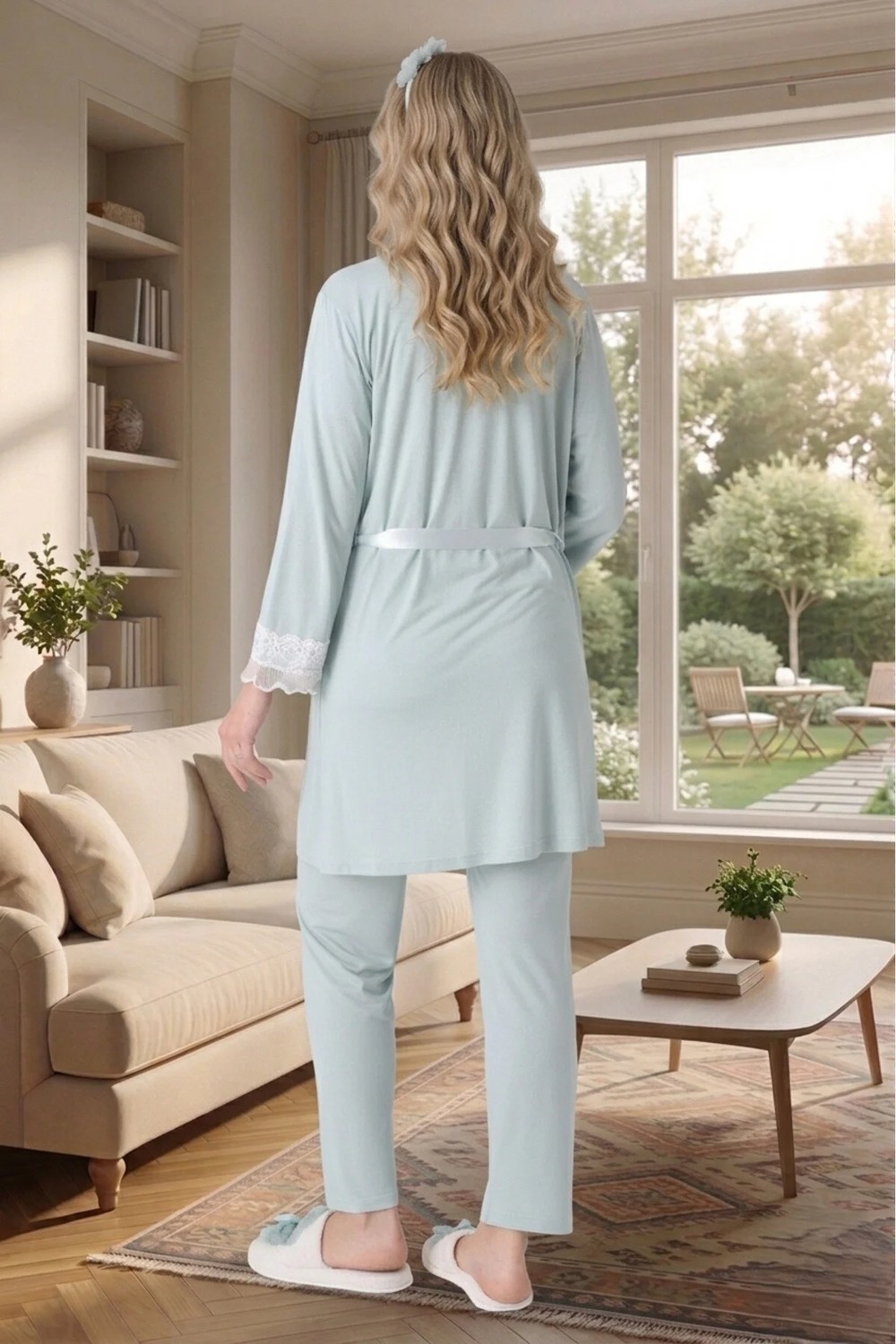 raia Yeni Sezon Nar Çiçeği Dantel Detaylı Yazlık Tasarım Düğmeli Hamile Lohusa Sabahlık Pijama Takım Seti görsel 4