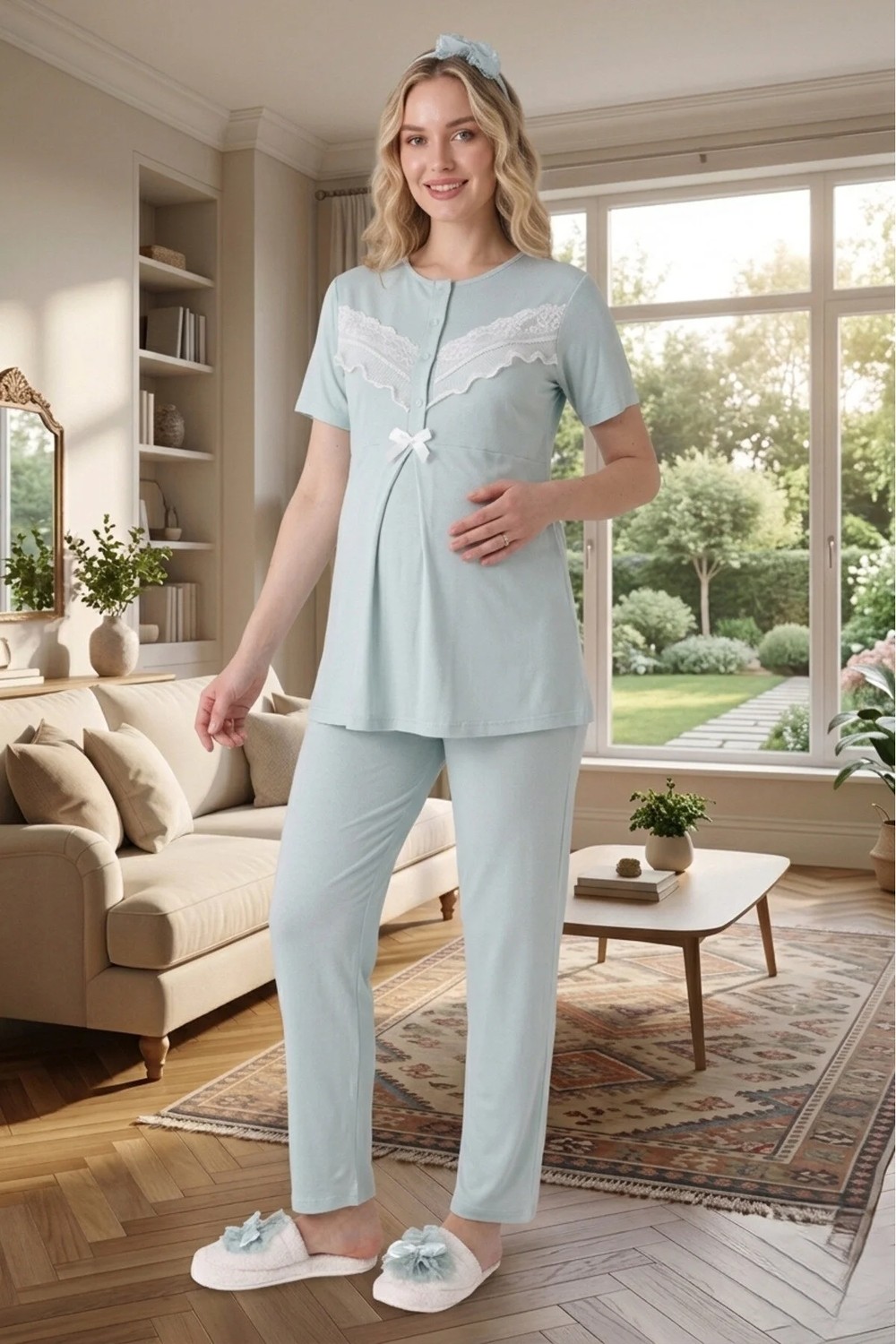 raia Yeni Sezon Nar Çiçeği Dantel Detaylı Yazlık Tasarım Düğmeli Hamile Lohusa Sabahlık Pijama Takım Seti görsel 5