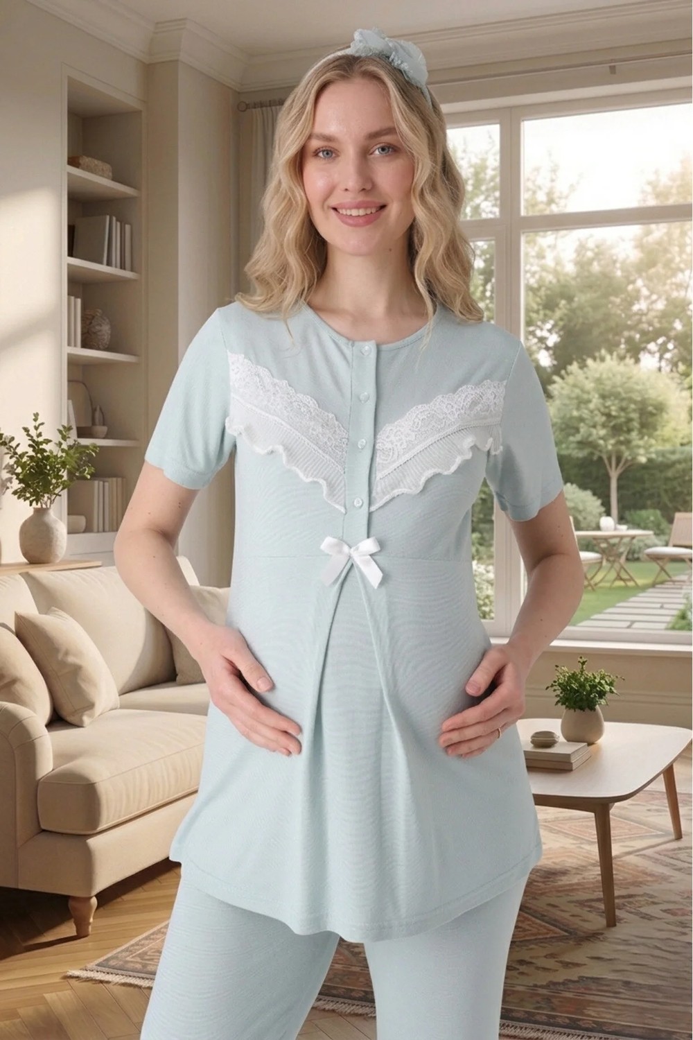 raia Yeni Sezon Nar Çiçeği Dantel Detaylı Yazlık Tasarım Düğmeli Hamile Lohusa Sabahlık Pijama Takım Seti görsel 6