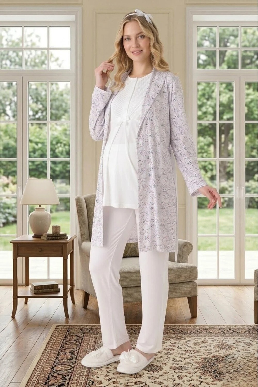 raia Yeni Sezon Pudra Yazlık Şal Yaka Desenli Emzirme Özellikli Kısa Kol Hamile Sabahlık Pijama Takım Set