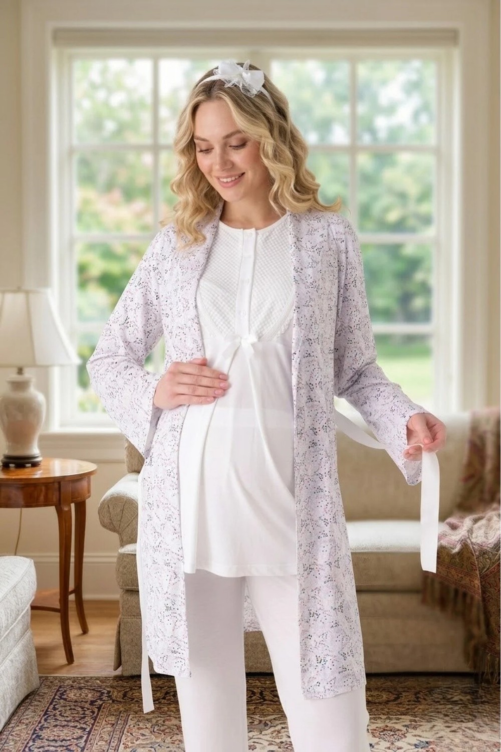 raia Yeni Sezon Pudra Yazlık Şal Yaka Desenli Emzirme Özellikli Kısa Kol Hamile Sabahlık Pijama Takım Set görsel 3
