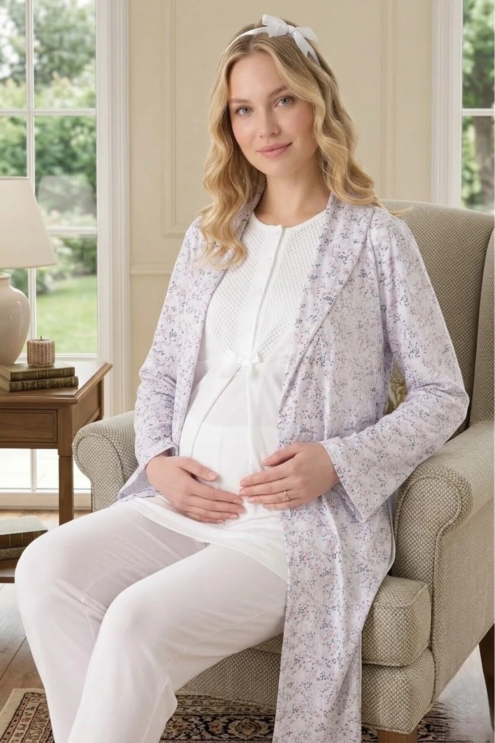 raia Yeni Sezon Pudra Yazlık Şal Yaka Desenli Emzirme Özellikli Kısa Kol Hamile Sabahlık Pijama Takım Set görsel 4