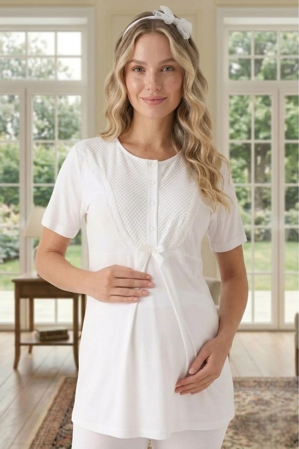 raia Yeni Sezon Pudra Yazlık Şal Yaka Desenli Emzirme Özellikli Kısa Kol Hamile Sabahlık Pijama Takım Set görsel 8