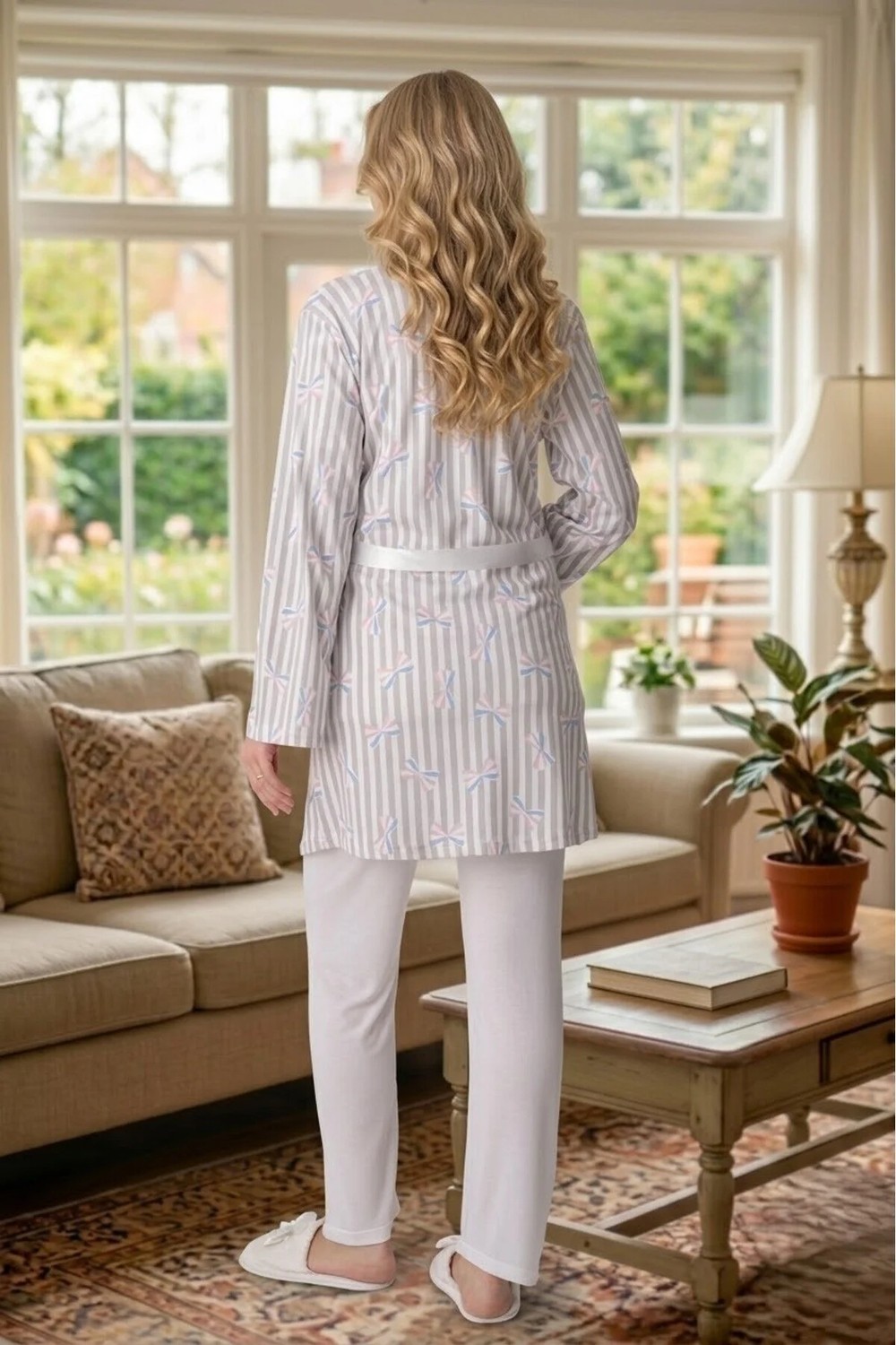 raia Yeni Sezon Pudra Yazlık Şal Yaka Çizgili Emzirme Özellikli Kısa Kol Hamile Sabahlık Pijama Takım Set görsel 3