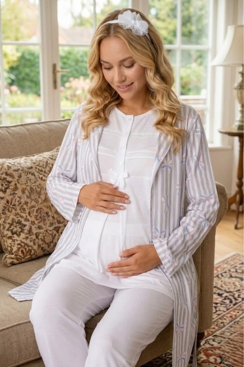 raia Yeni Sezon Pudra Yazlık Şal Yaka Çizgili Emzirme Özellikli Kısa Kol Hamile Sabahlık Pijama Takım Set görsel 4
