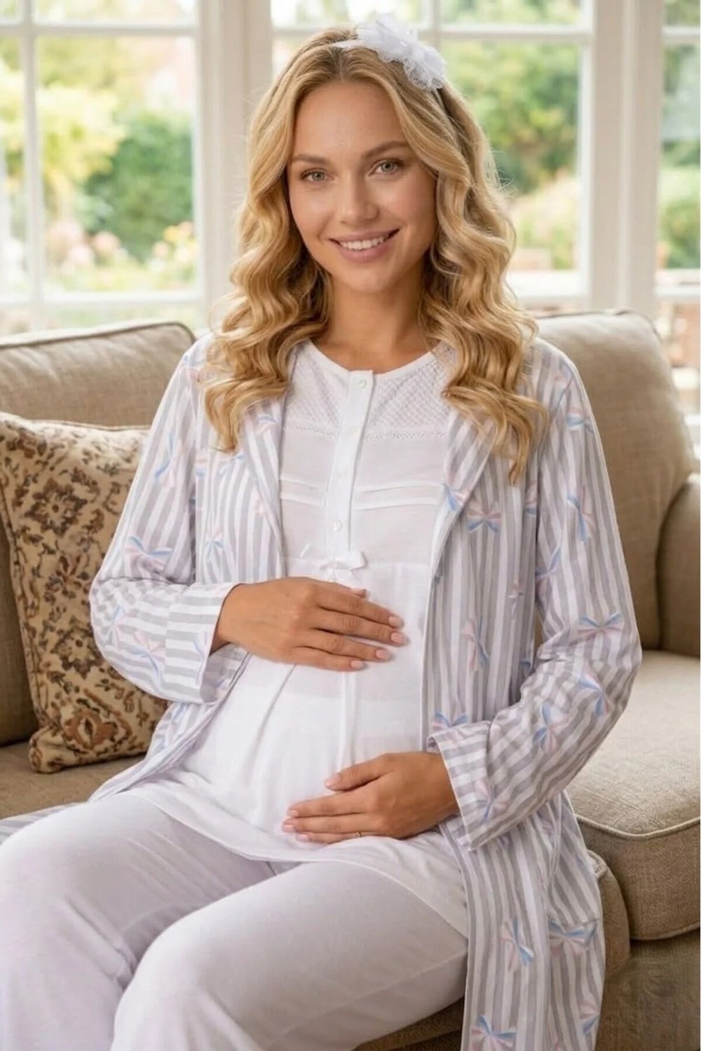 raia Yeni Sezon Pudra Yazlık Şal Yaka Çizgili Emzirme Özellikli Kısa Kol Hamile Sabahlık Pijama Takım Set görsel 8