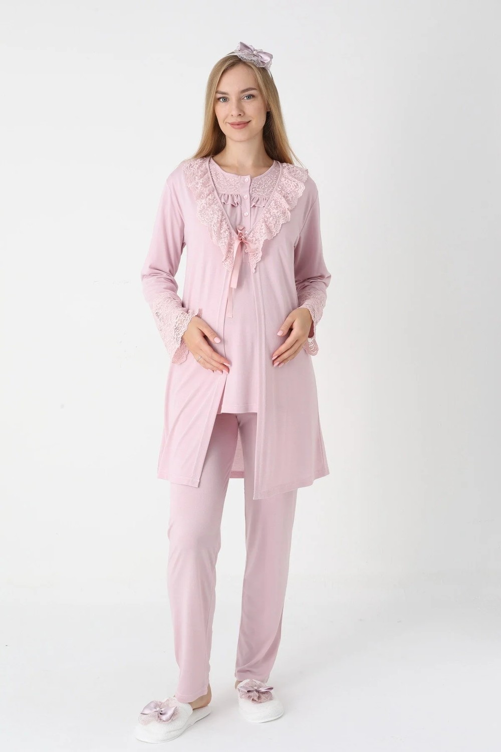 raia Kadın Pudra Dantelli Düğmeli Kışlık Özel Tasarım Lohusa Hamile Sabahlık Pijama Takımı Seti