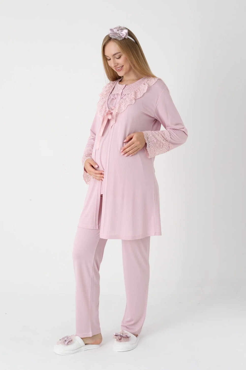 raia Kadın Pudra Dantelli Düğmeli Kışlık Özel Tasarım Lohusa Hamile Sabahlık Pijama Takımı Seti görsel 2