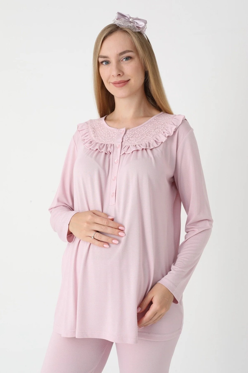 raia Kadın Pudra Dantelli Düğmeli Kışlık Özel Tasarım Lohusa Hamile Sabahlık Pijama Takımı Seti görsel 3