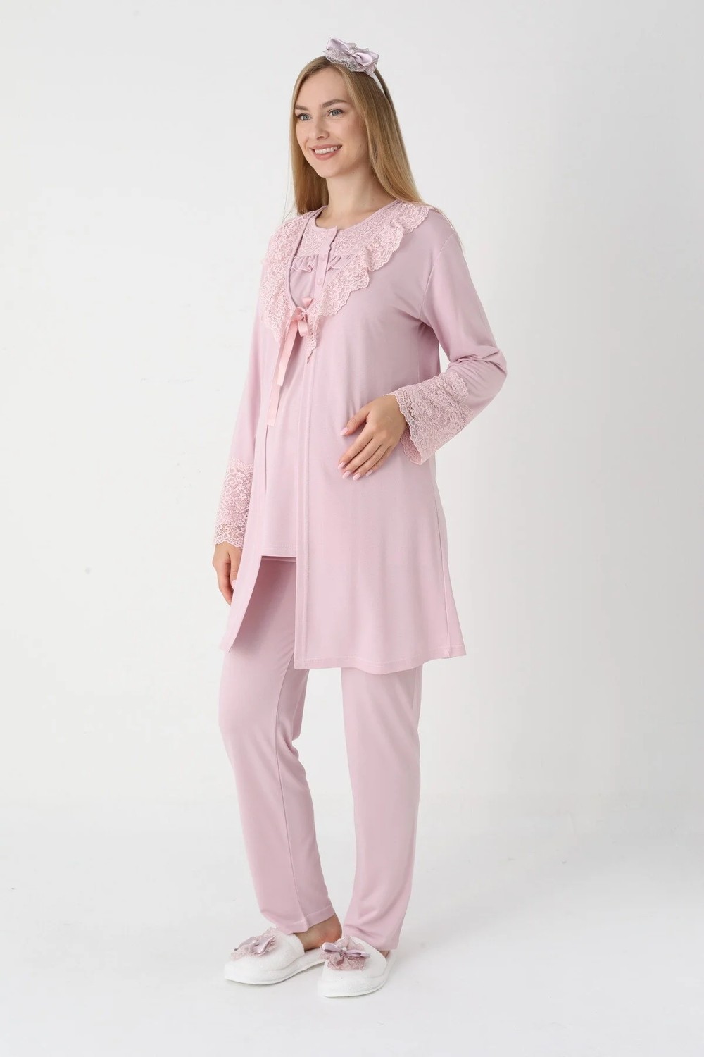 raia Kadın Pudra Dantelli Düğmeli Kışlık Özel Tasarım Lohusa Hamile Sabahlık Pijama Takımı Seti görsel 5