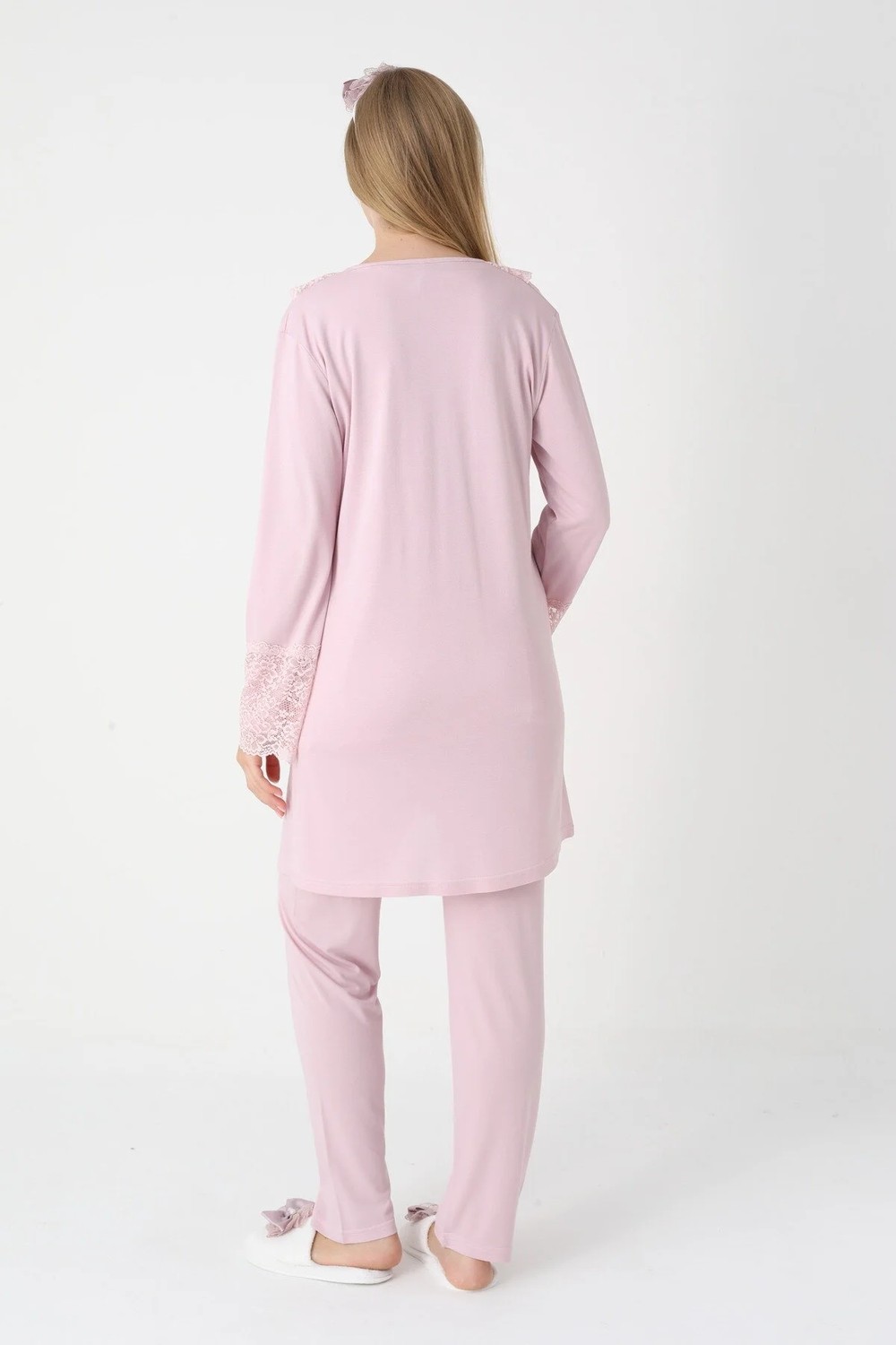 raia Kadın Pudra Dantelli Düğmeli Kışlık Özel Tasarım Lohusa Hamile Sabahlık Pijama Takımı Seti görsel 6