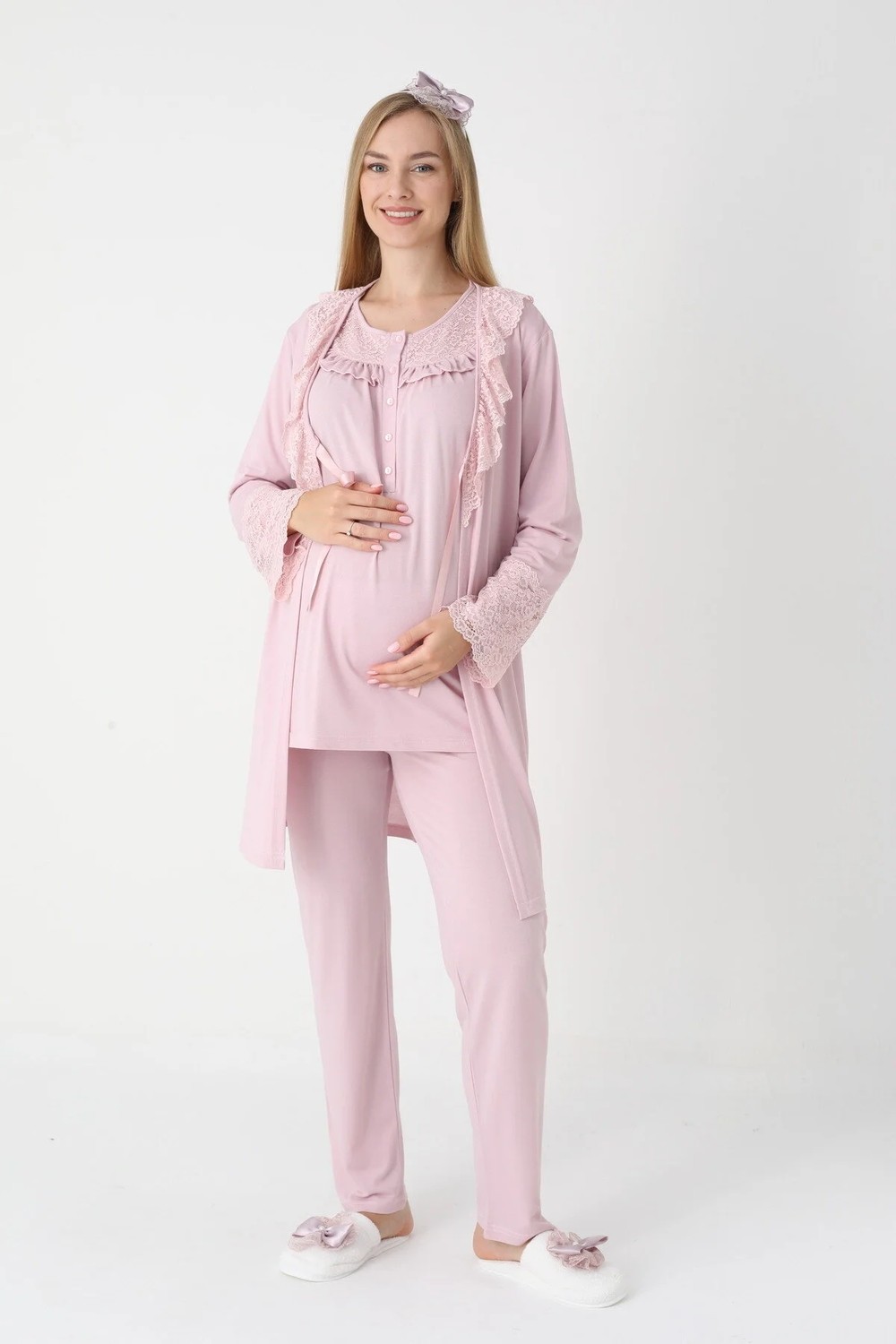 raia Kadın Pudra Dantelli Düğmeli Kışlık Özel Tasarım Lohusa Hamile Sabahlık Pijama Takımı Seti görsel 8
