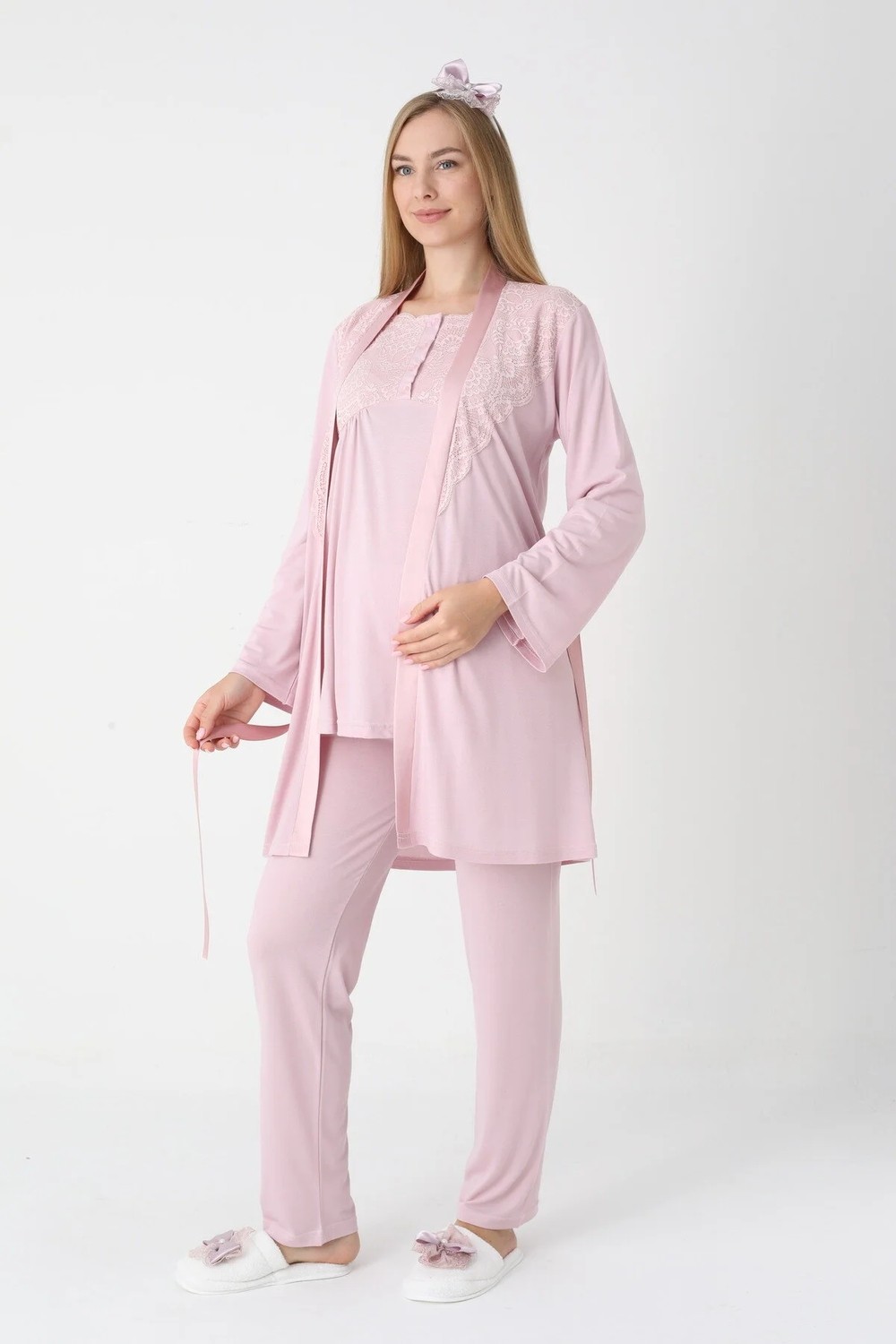 raia Kadın Pudra Dantel Detaylı Uzun Kollu Özel Tasarım Lohusa Hamile Sabahlık Pijama Takımı Set