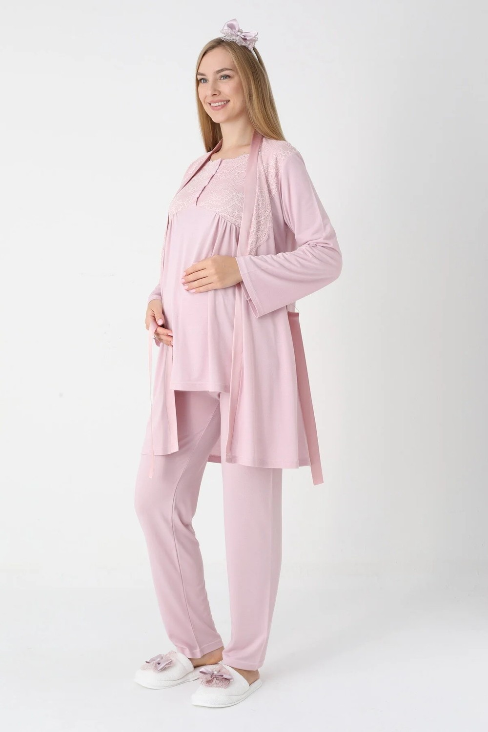 raia Kadın Pudra Dantel Detaylı Uzun Kollu Özel Tasarım Lohusa Hamile Sabahlık Pijama Takımı Set görsel 2