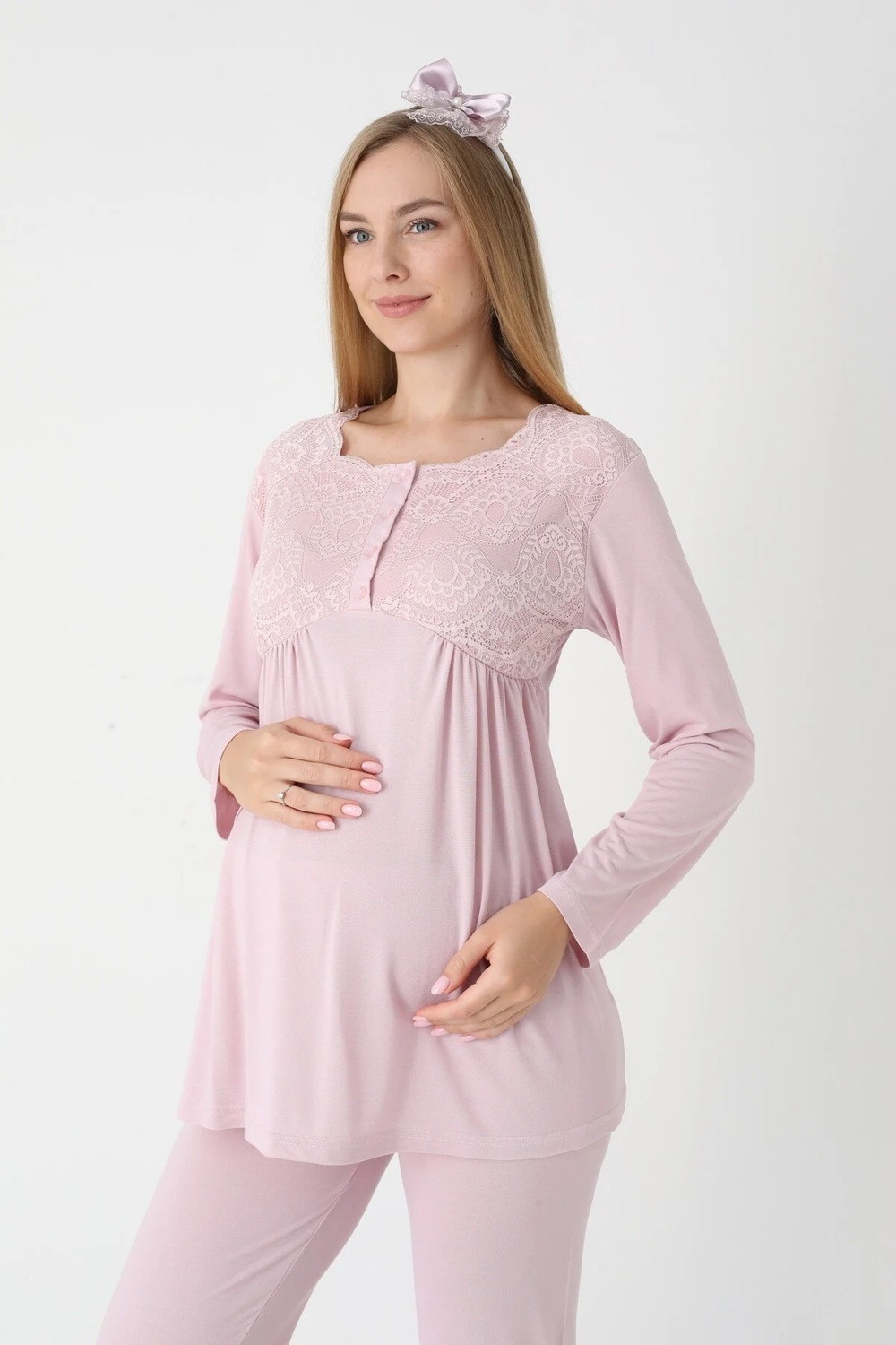 raia Kadın Pudra Dantel Detaylı Uzun Kollu Özel Tasarım Lohusa Hamile Sabahlık Pijama Takımı Set görsel 3