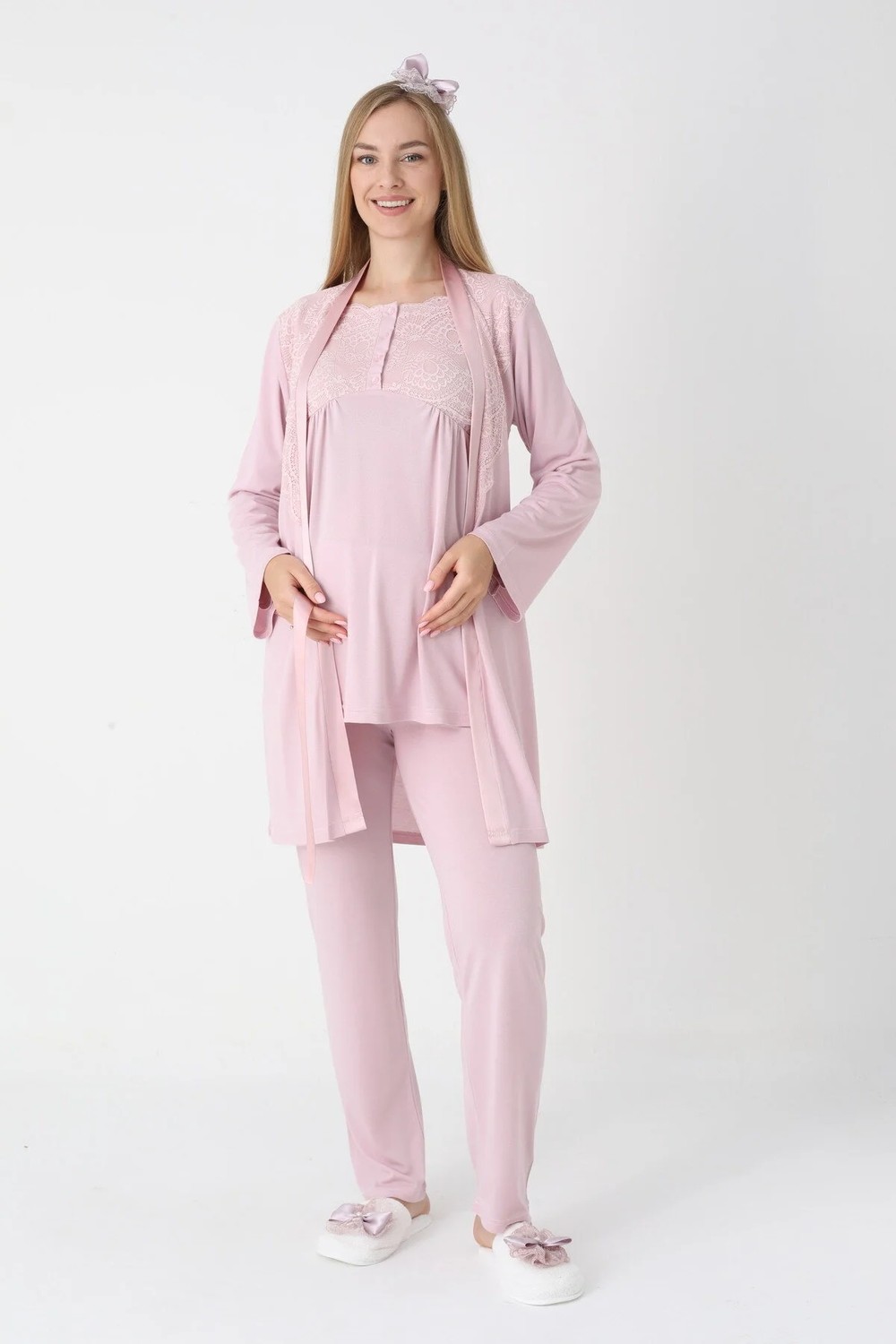 raia Kadın Pudra Dantel Detaylı Uzun Kollu Özel Tasarım Lohusa Hamile Sabahlık Pijama Takımı Set görsel 5