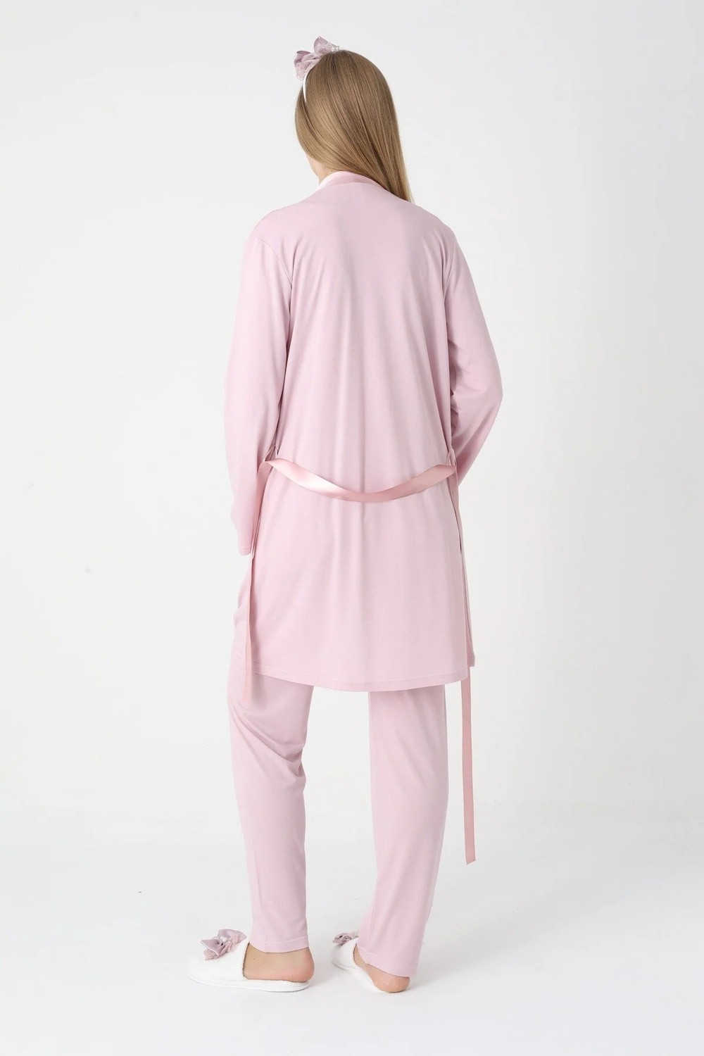 raia Kadın Pudra Dantel Detaylı Uzun Kollu Özel Tasarım Lohusa Hamile Sabahlık Pijama Takımı Set görsel 6