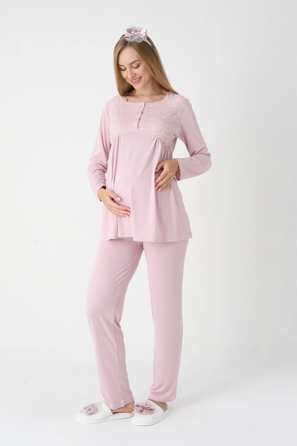 raia Kadın Pudra Dantel Detaylı Uzun Kollu Özel Tasarım Lohusa Hamile Sabahlık Pijama Takımı Set görsel 8