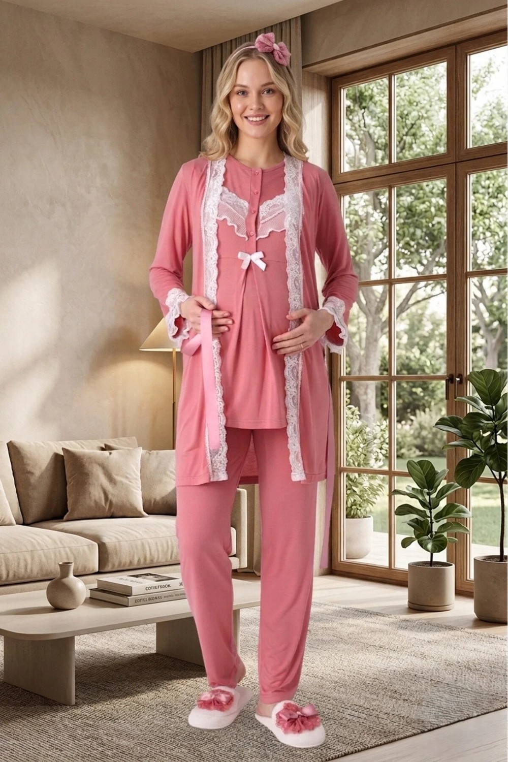 raia Yeni Sezon Nar Çiçeği Dantel Detaylı Yazlık Tasarım Düğmeli Hamile Lohusa Sabahlık Pijama Takım Seti