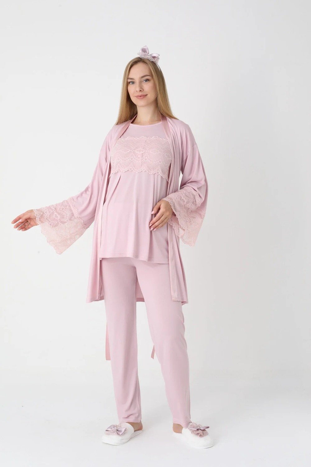 raia Kadın Pudra Dantel Detaylı Uzun Kollu Özel Tasarım Lohusa Hamile Sabahlık Pijama Takımı Seti
