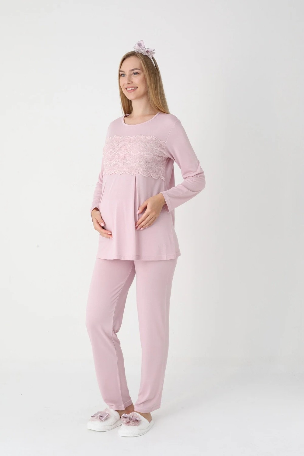 raia Kadın Pudra Dantel Detaylı Uzun Kollu Özel Tasarım Lohusa Hamile Sabahlık Pijama Takımı Seti görsel 8