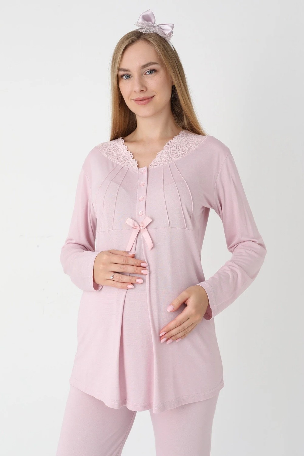raia Kadın Pudra Jakarlı Şal Yaka Dantelli Kışlık Özel Tasarım Lohusa Hamile Sabahlık Pijama Takımı Seti görsel 3