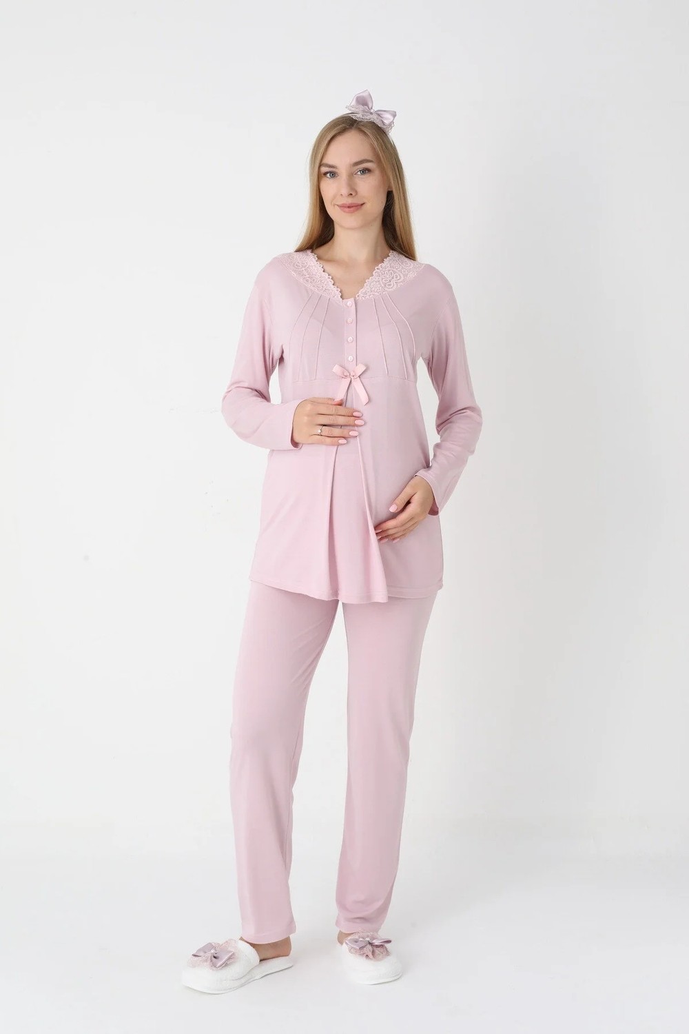 raia Kadın Pudra Jakarlı Şal Yaka Dantelli Kışlık Özel Tasarım Lohusa Hamile Sabahlık Pijama Takımı Seti görsel 7