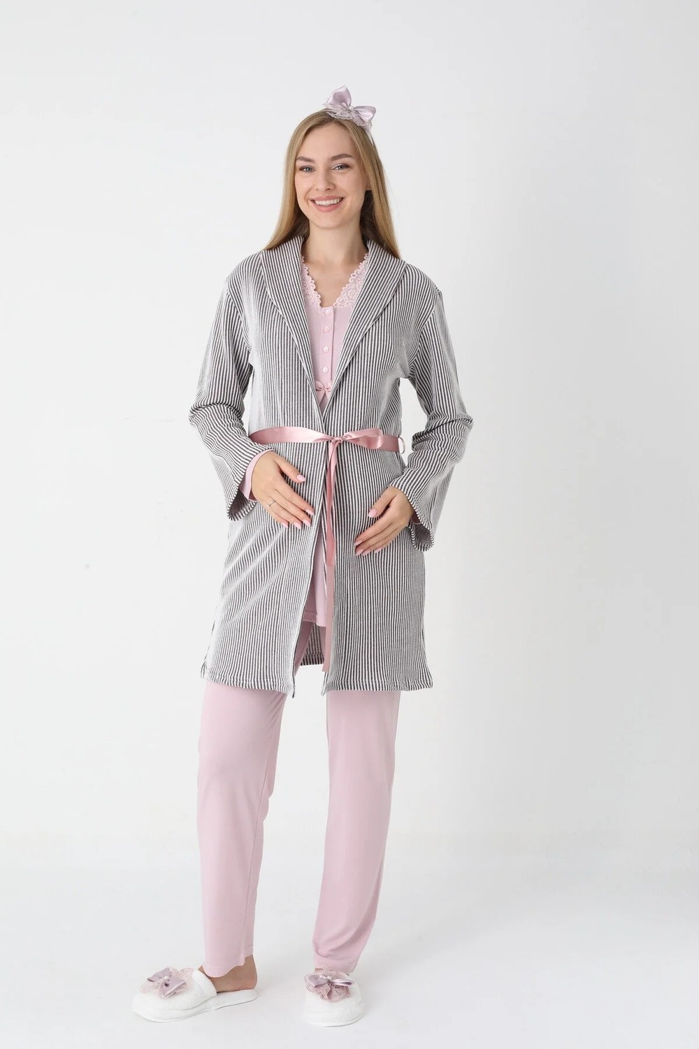 raia Kadın Pudra Jakarlı Şal Yaka Dantelli Kışlık Özel Tasarım Lohusa Hamile Sabahlık Pijama Takımı Seti görsel 8