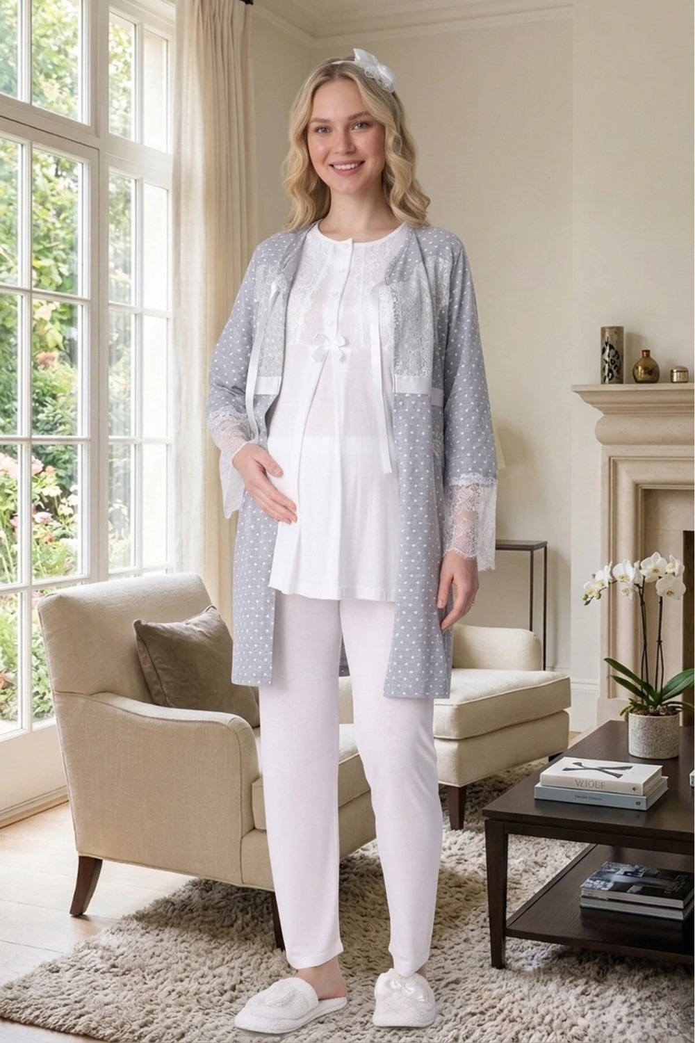 raia Yeni Sezon Gri Ekru Yazlık Puantiyeli Düğmeli Kısa Kol Şık Dantelli Hamile Sabahlık Pijama Takım Set