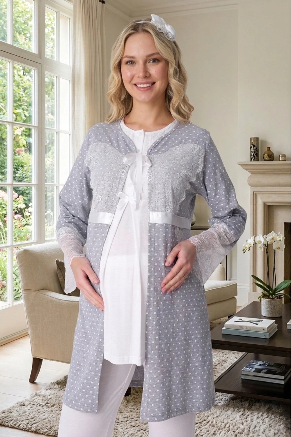 raia Yeni Sezon Gri Ekru Yazlık Puantiyeli Düğmeli Kısa Kol Şık Dantelli Hamile Sabahlık Pijama Takım Set görsel 2