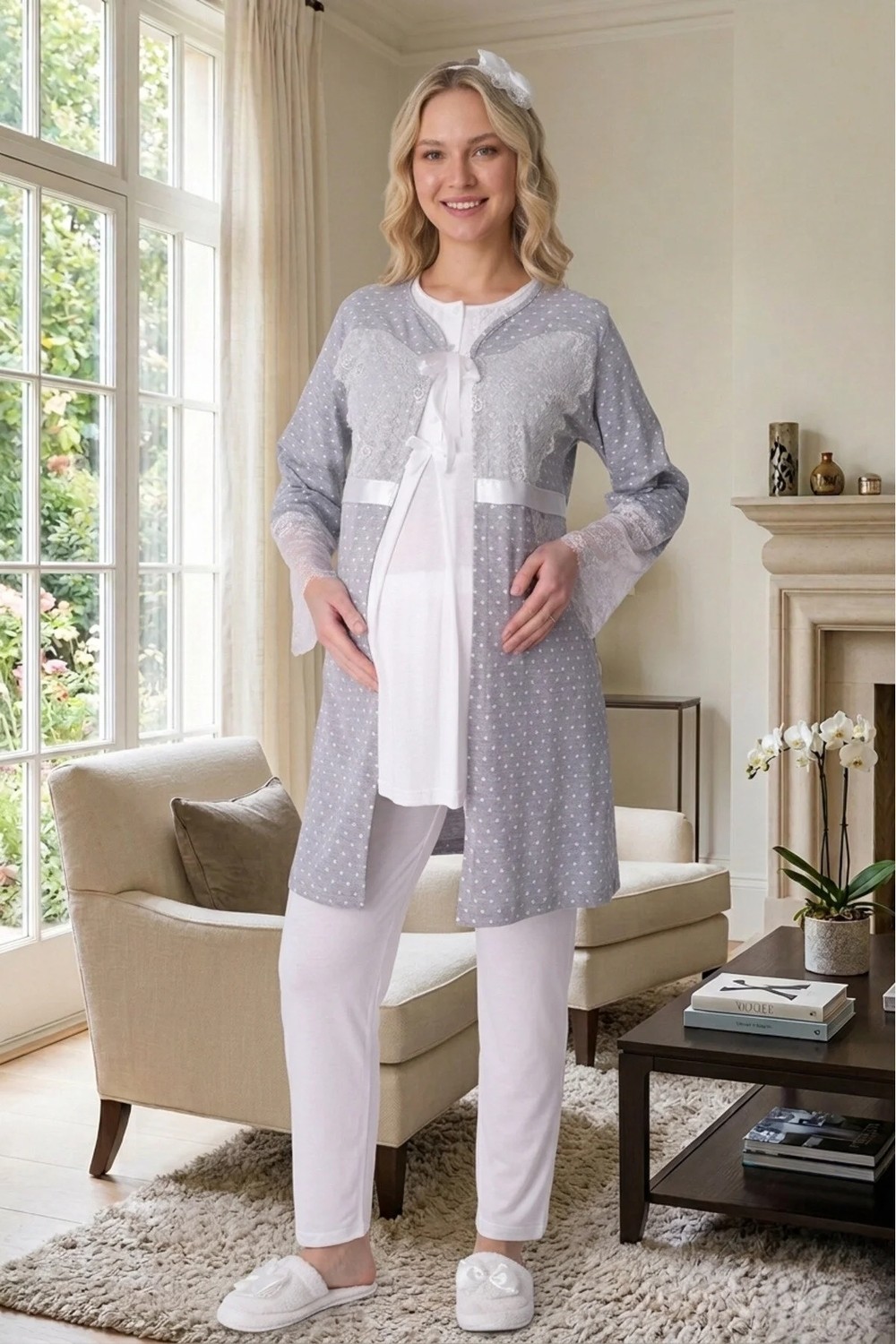 raia Yeni Sezon Gri Ekru Yazlık Puantiyeli Düğmeli Kısa Kol Şık Dantelli Hamile Sabahlık Pijama Takım Set görsel 4