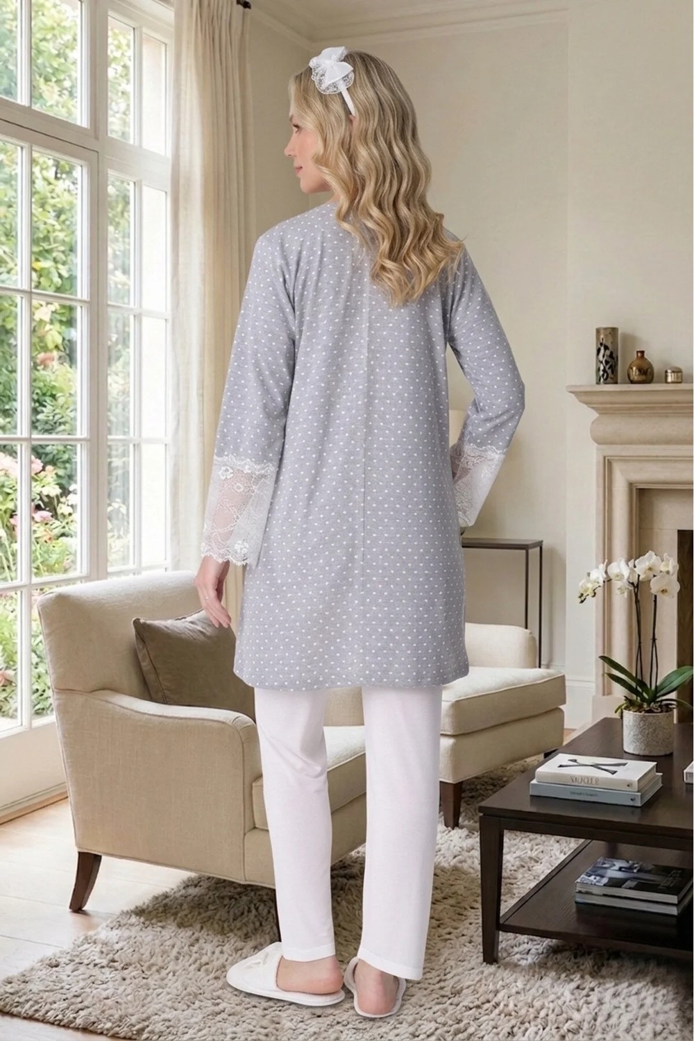 raia Yeni Sezon Gri Ekru Yazlık Puantiyeli Düğmeli Kısa Kol Şık Dantelli Hamile Sabahlık Pijama Takım Set görsel 5