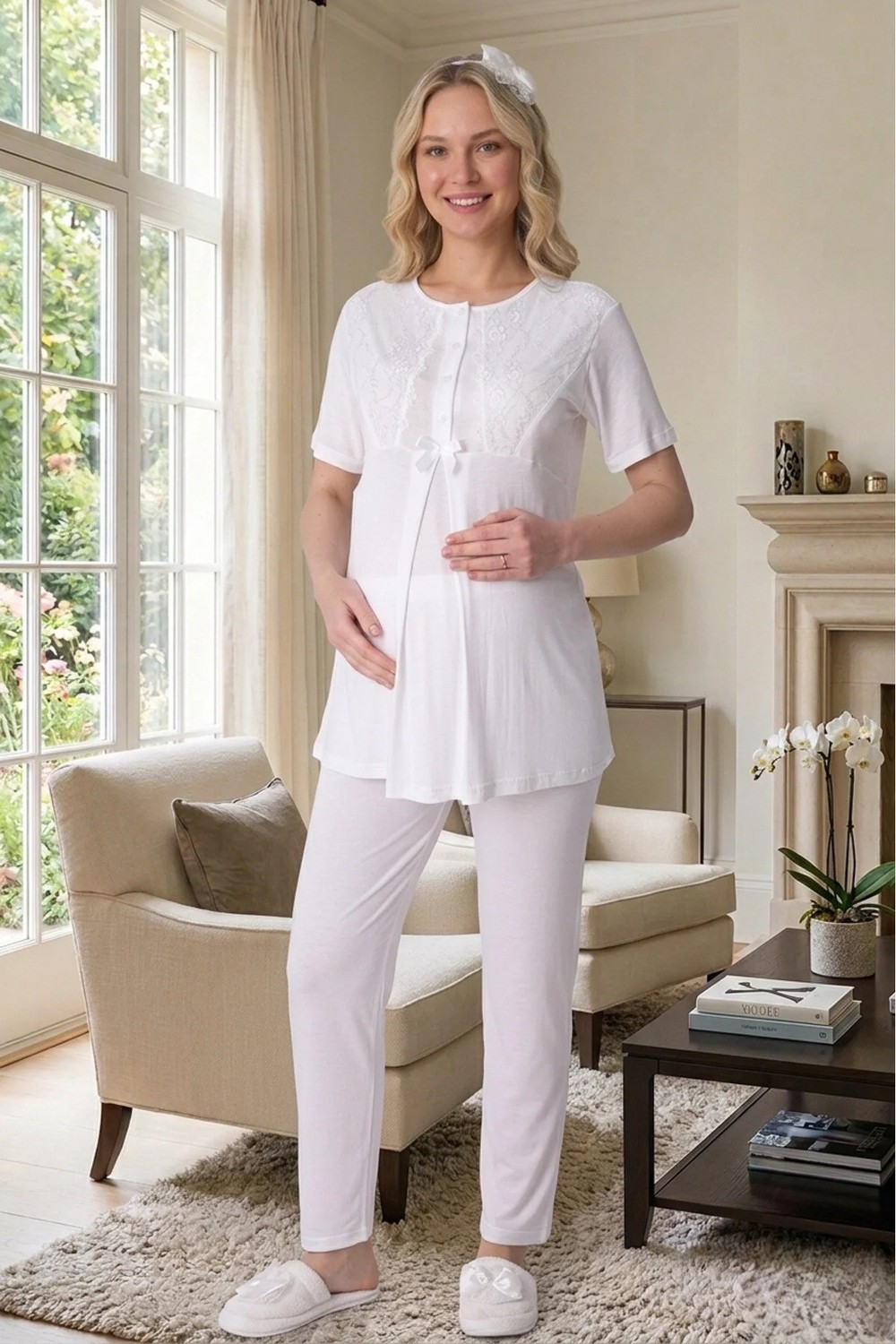 raia Yeni Sezon Gri Ekru Yazlık Puantiyeli Düğmeli Kısa Kol Şık Dantelli Hamile Sabahlık Pijama Takım Set görsel 6