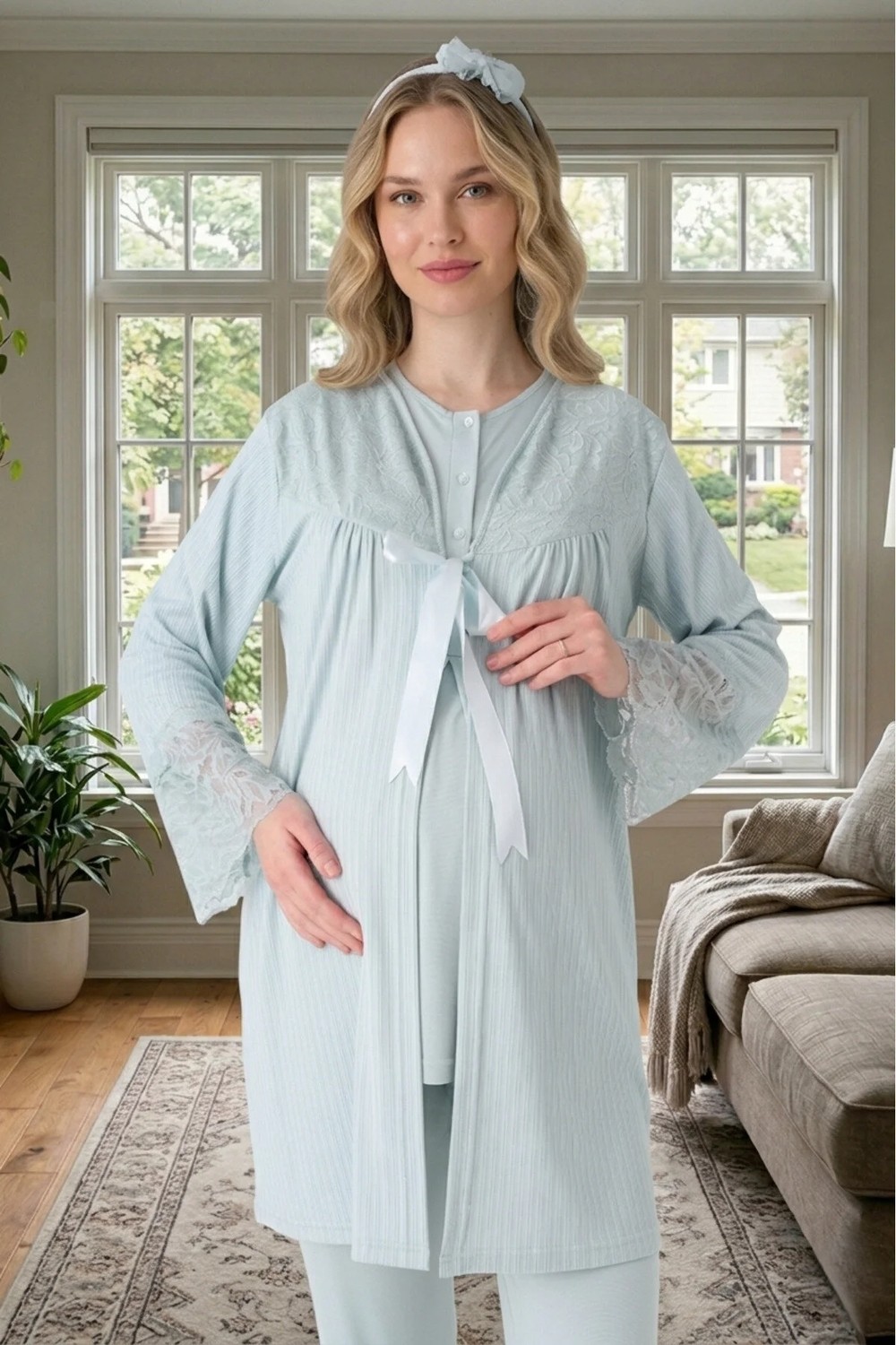 raia Yeni Sezon Mint Yeşil Yazlık Jakarlı Düğmeli Tasarım Dantel Detaylı Hamile Sabahlık Pijama Takım Set