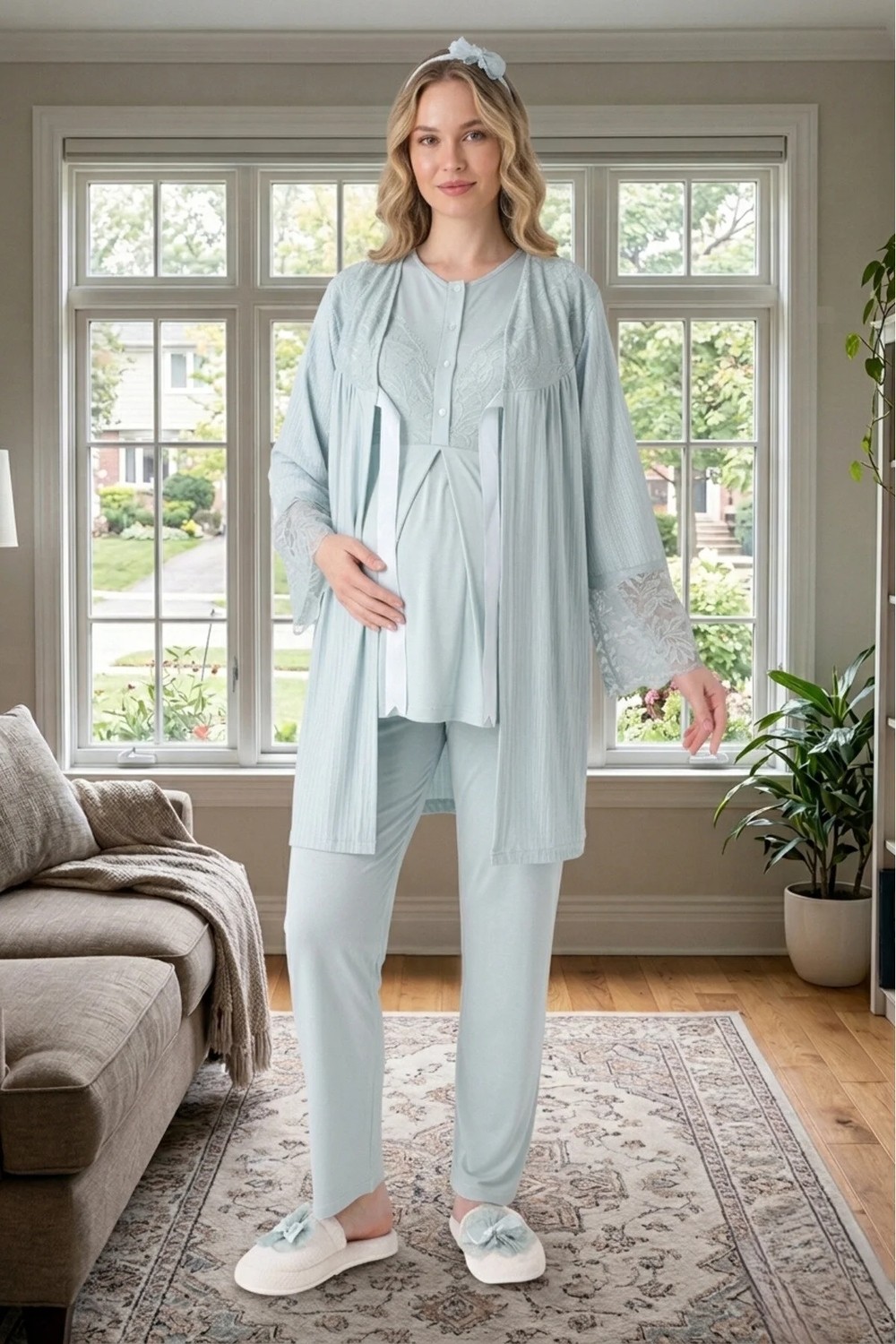 raia Yeni Sezon Mint Yeşil Yazlık Jakarlı Düğmeli Tasarım Dantel Detaylı Hamile Sabahlık Pijama Takım Set görsel 2