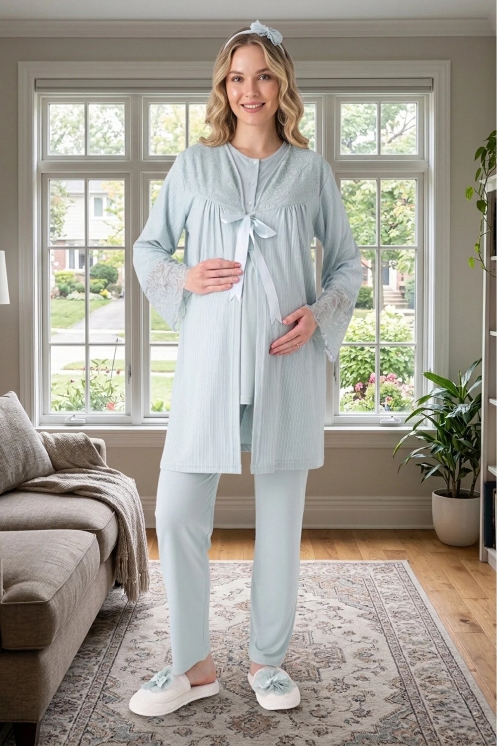 raia Yeni Sezon Mint Yeşil Yazlık Jakarlı Düğmeli Tasarım Dantel Detaylı Hamile Sabahlık Pijama Takım Set görsel 3