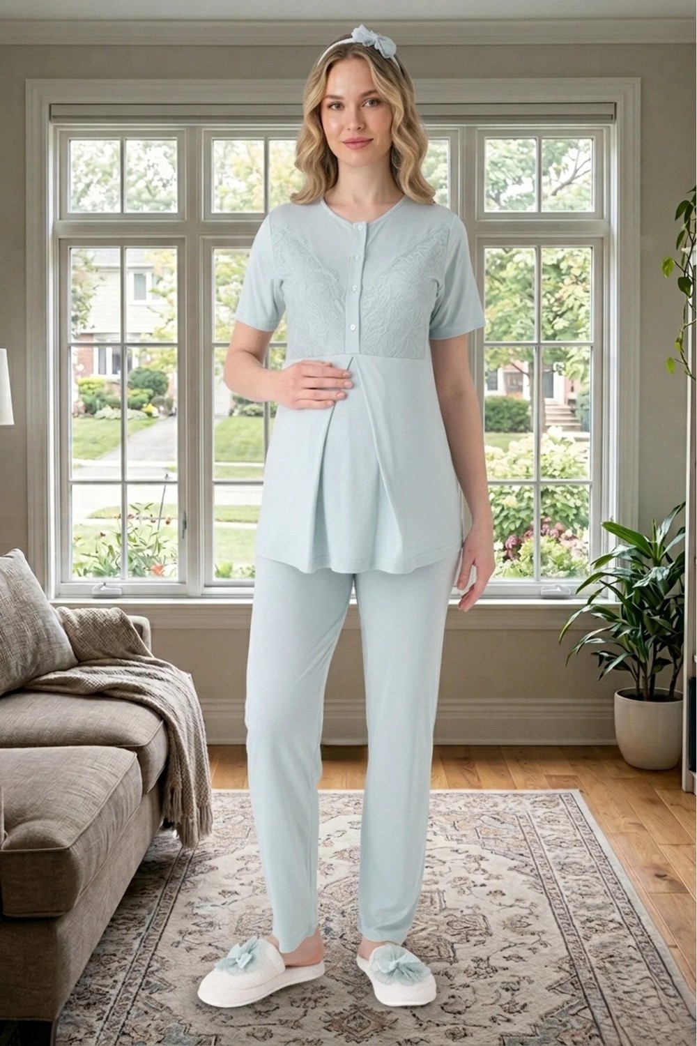 raia Yeni Sezon Mint Yeşil Yazlık Jakarlı Düğmeli Tasarım Dantel Detaylı Hamile Sabahlık Pijama Takım Set görsel 4
