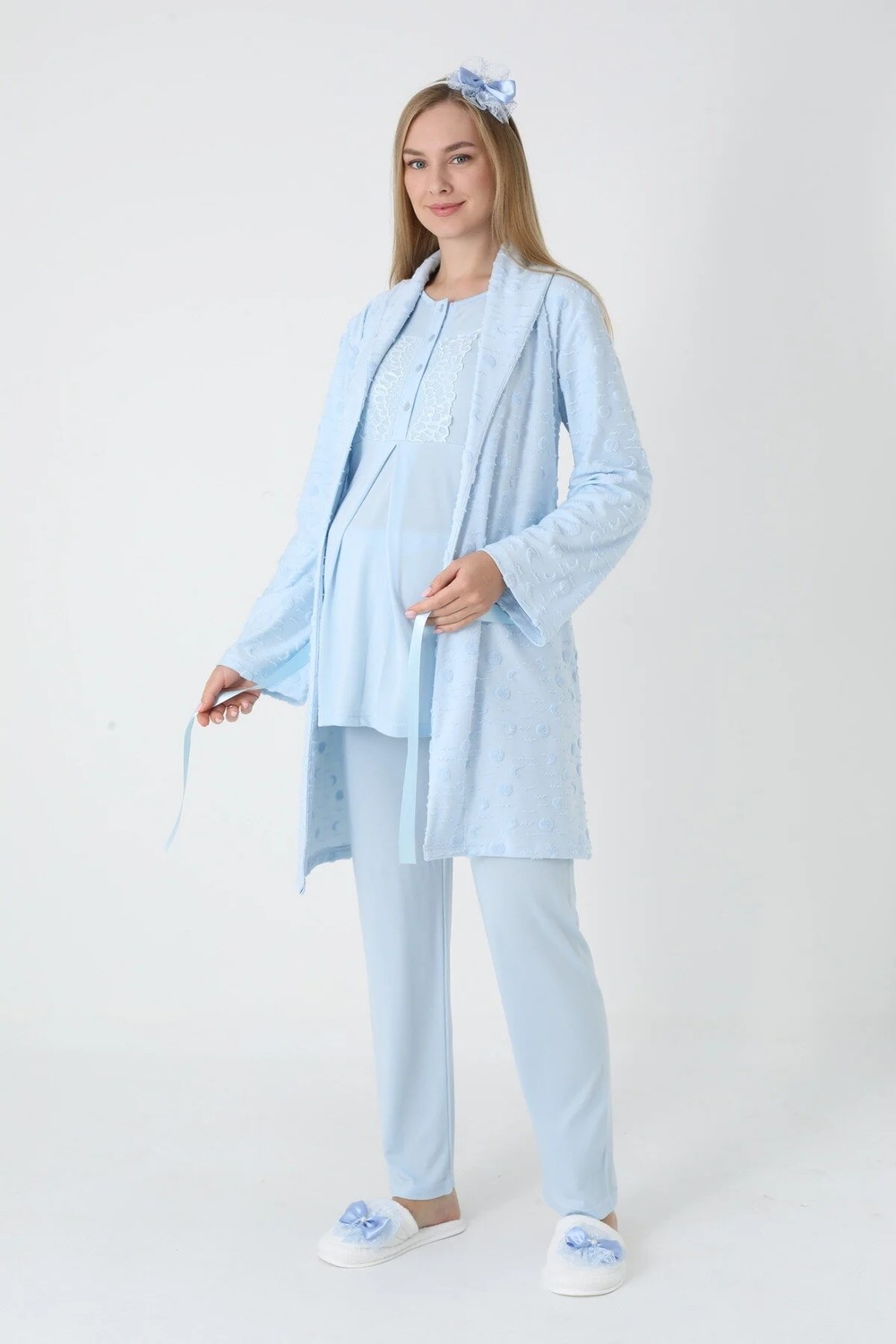 raia Mavi Jakarlı Şal Yaka Özel Tasarım Kışlık Uzun Kol %100 Pamuk Hamile Sabahlık Pijama Takımı 3'lü Set
