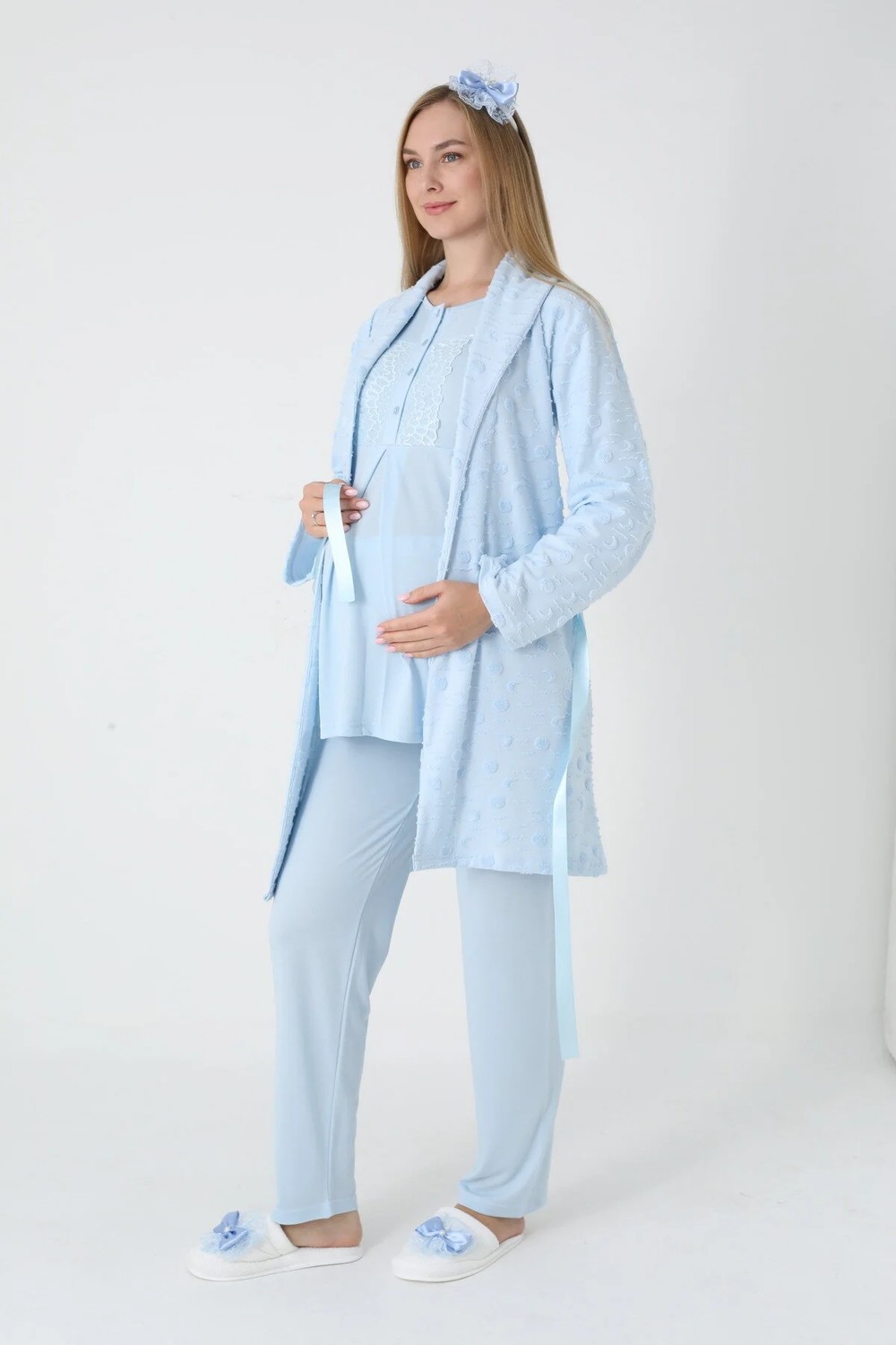 raia Mavi Jakarlı Şal Yaka Özel Tasarım Kışlık Uzun Kol %100 Pamuk Hamile Sabahlık Pijama Takımı 3'lü Set görsel 2